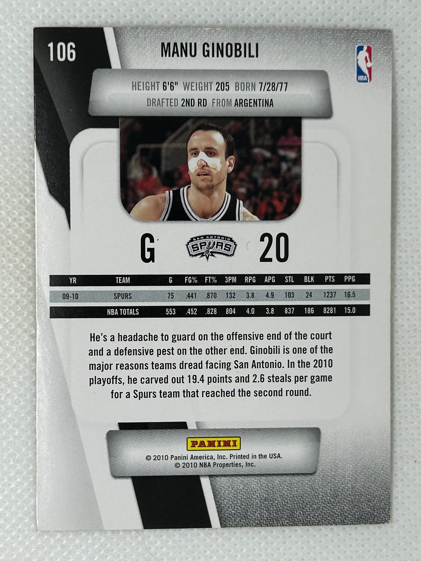 2009-10 Panini Prestige Manu Ginobili #106 San Antonio Spurs