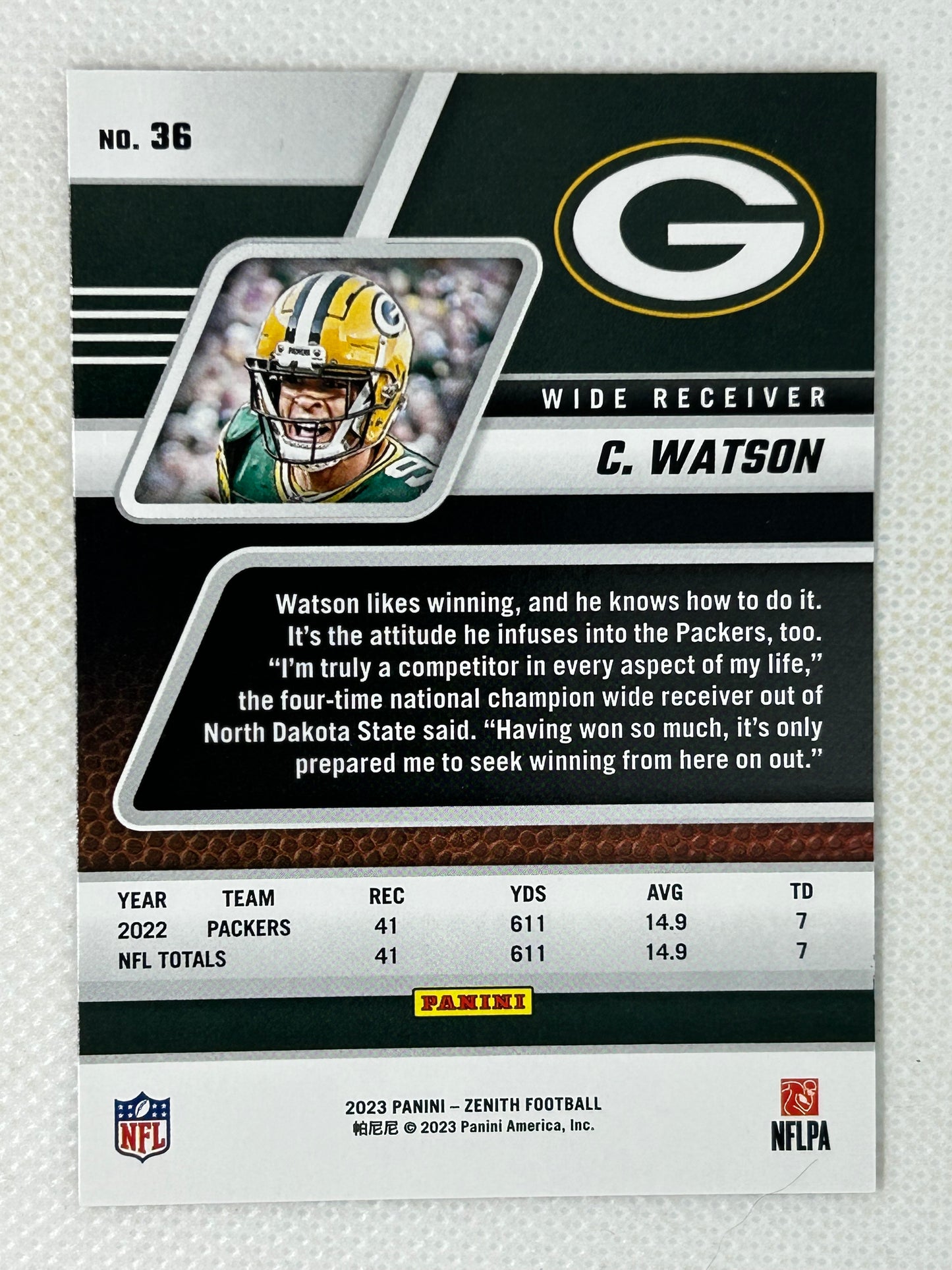 2023 Panini Zenith Christian Watson #36 Green Bay Packers
