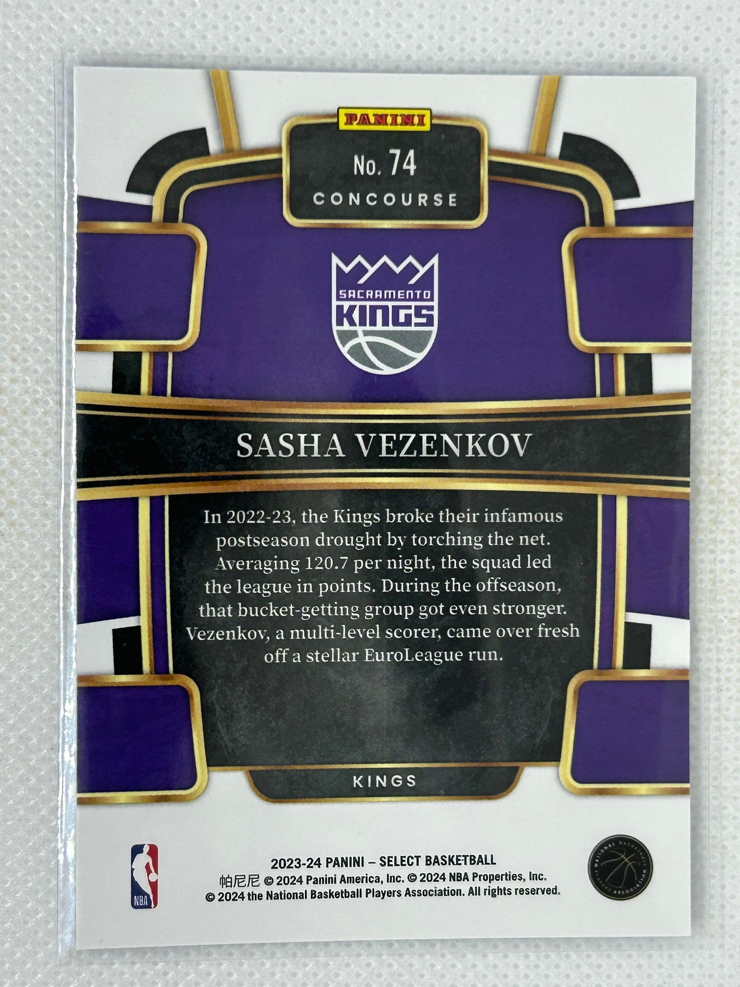 2023-24 Panini Select Rookie Sasha Vezenkov #74 Sacramento Kings