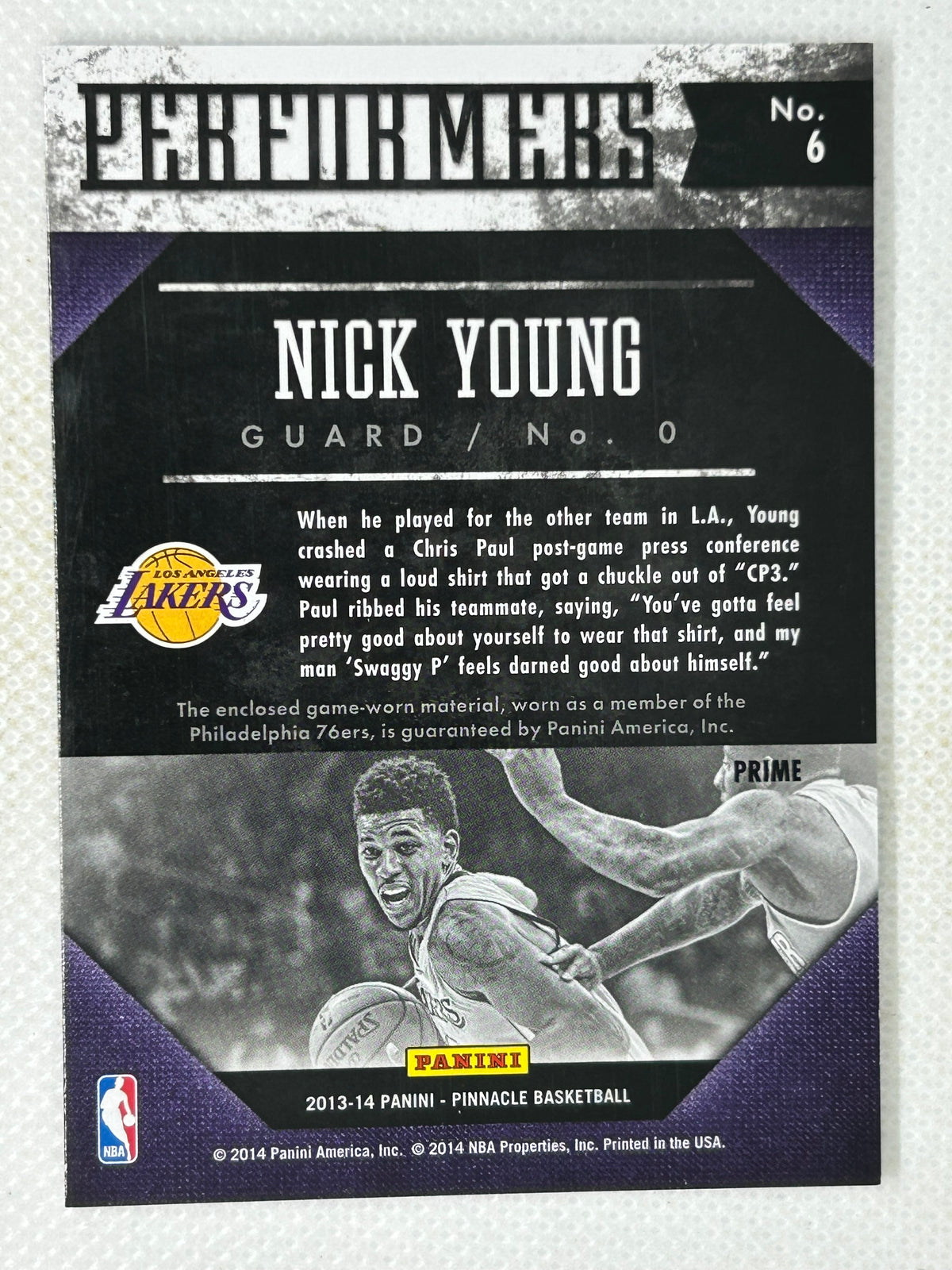 2013-14 Panini Pinnacle Performers Prime Patch #6 Nick Young /20 Los Angeles Lakers