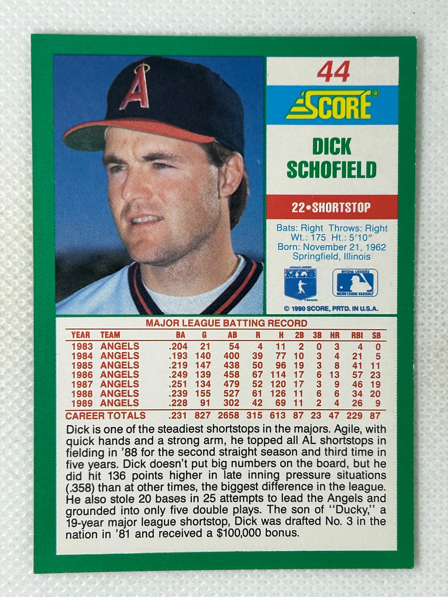 1990 Score Dick Schofield #44 Los Angeles Angels Signed Card