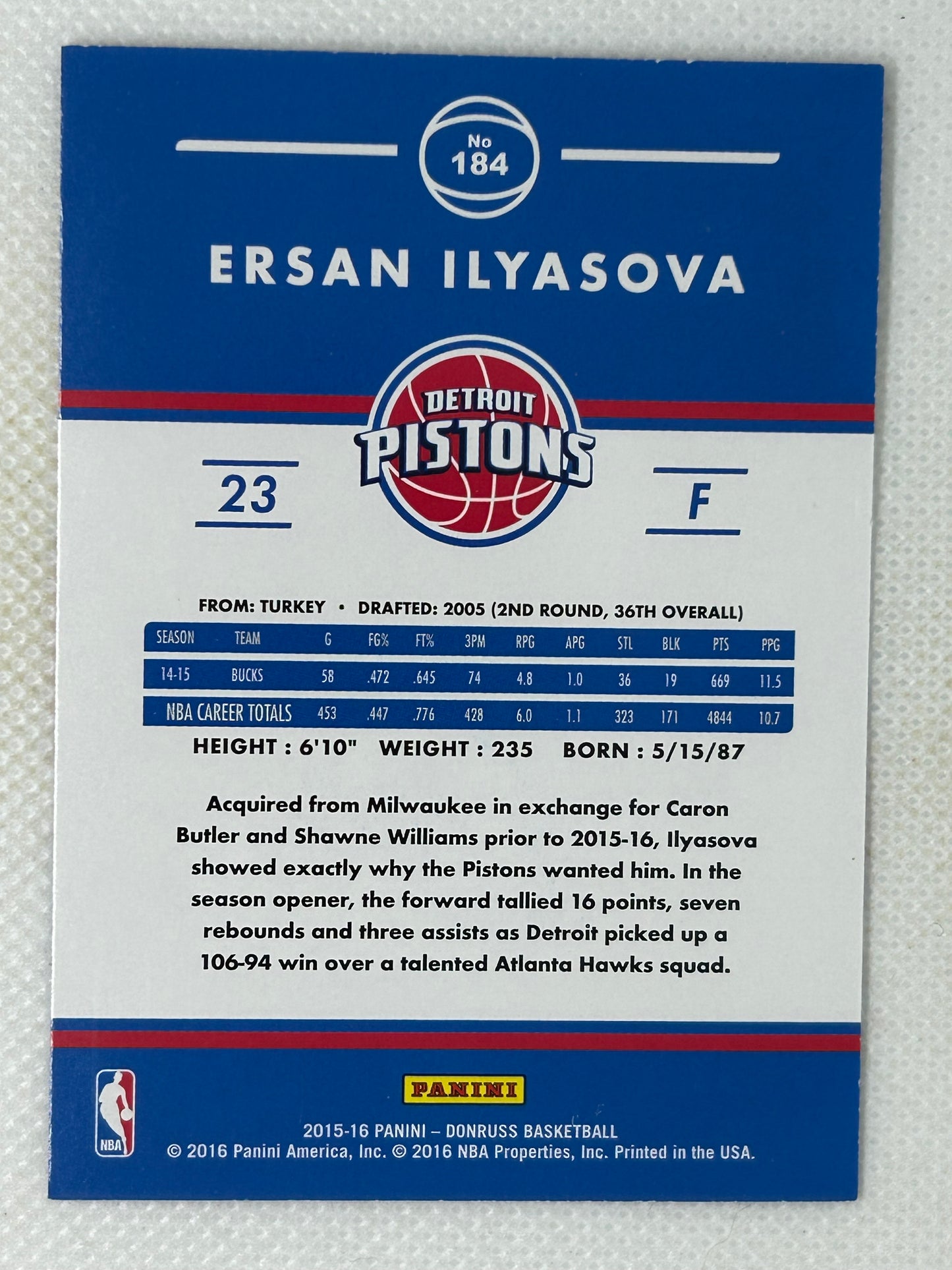 2015-16 Panini Donruss #184 Ersan Ilyasova Detroit Pistons Signed Card