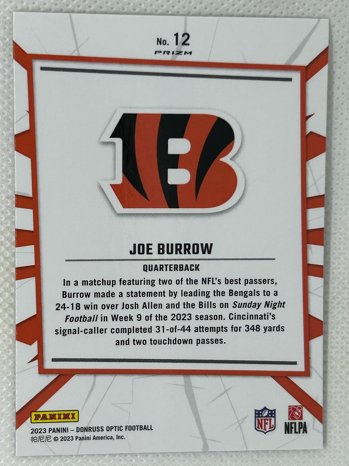2023 Panini Donruss Optic #12 Joe Burrow My House Holo Silver Prizm Cincinnati Bengals