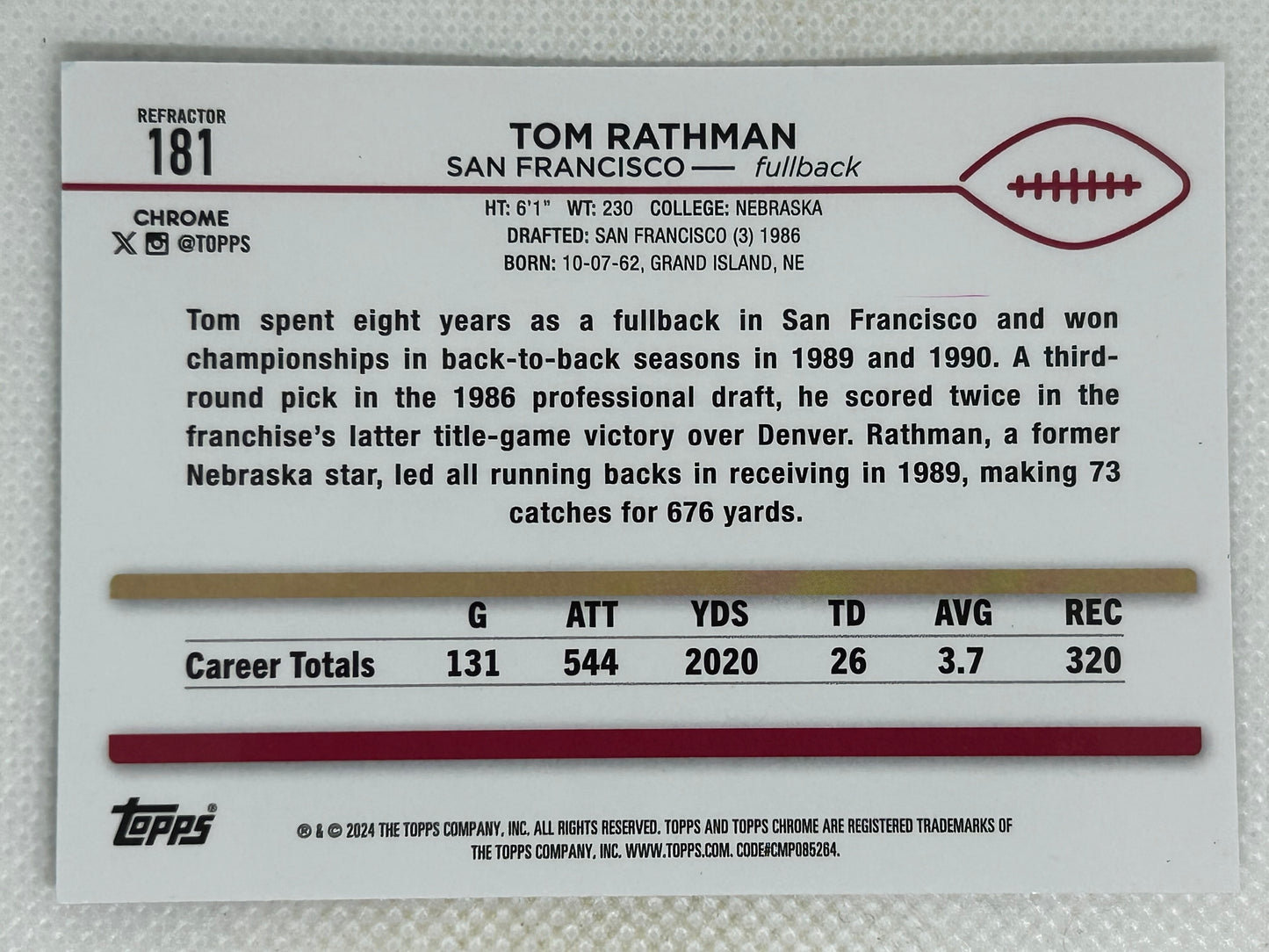 2024 Topps Chrome Refractor #181 Tom Rathman San Francisco 49ers Signed Card