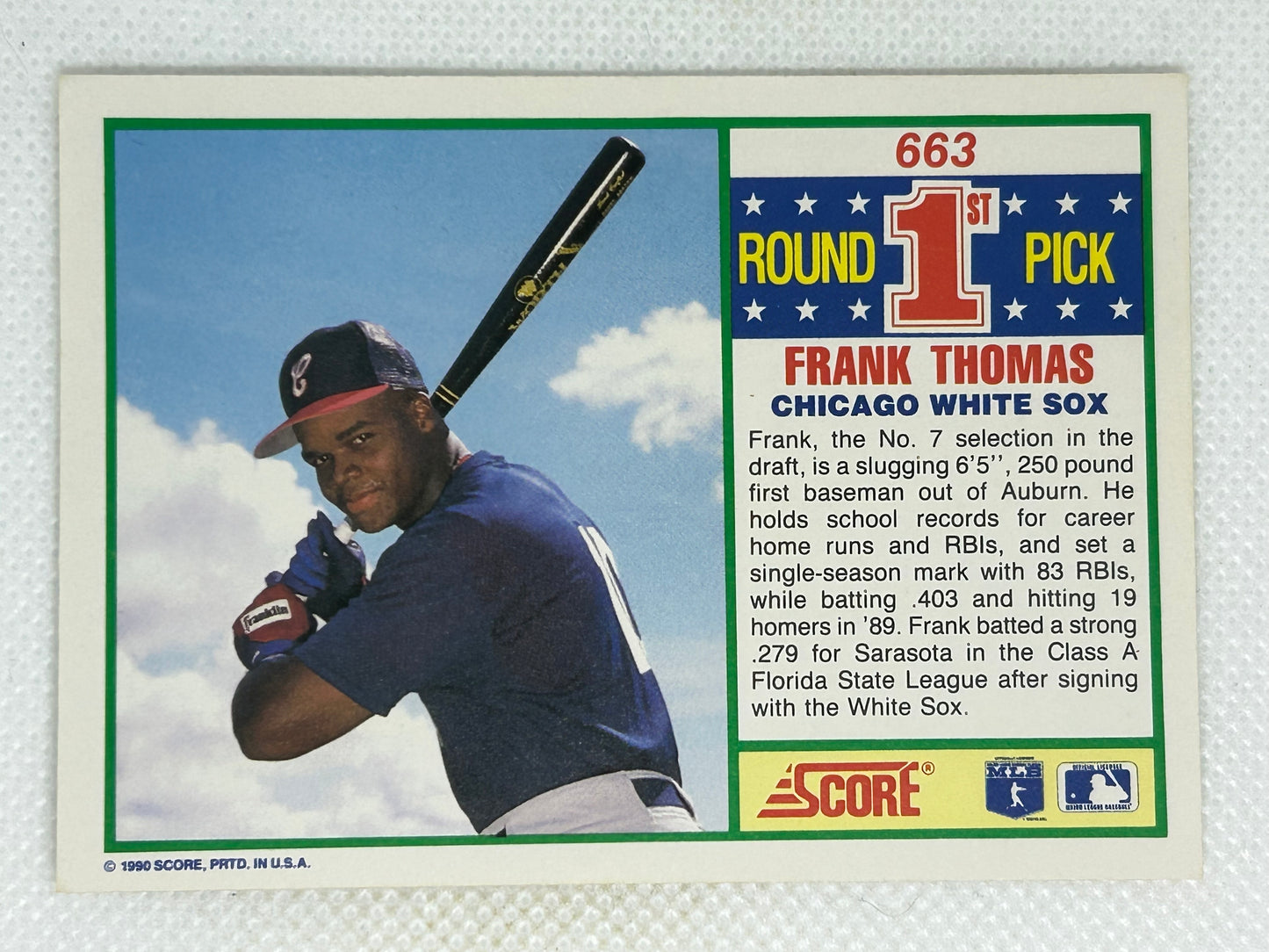 1990 Score Frank Thomas #663 Rookie Card Chicago White Sox