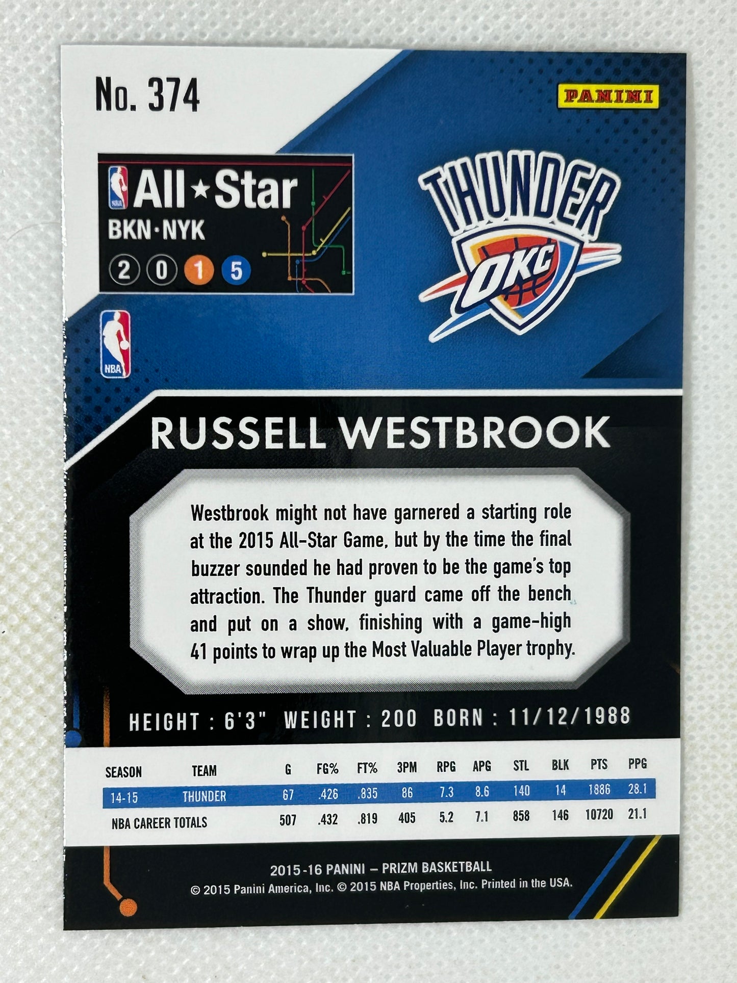 2015-16 Panini Prizm #374 Russell Westbrook All Star Team Oklahoma City Thunder