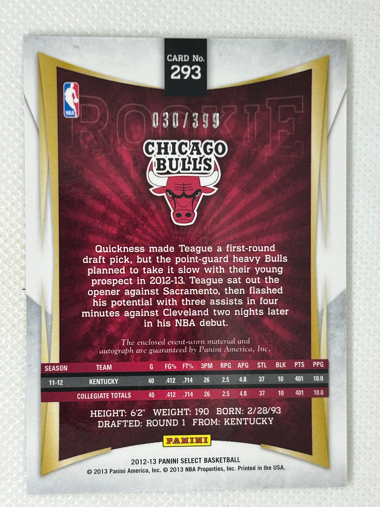 2012-13 Panini Select Rookie Autograph /399 Marquis Teague #293 Chicago Bulls