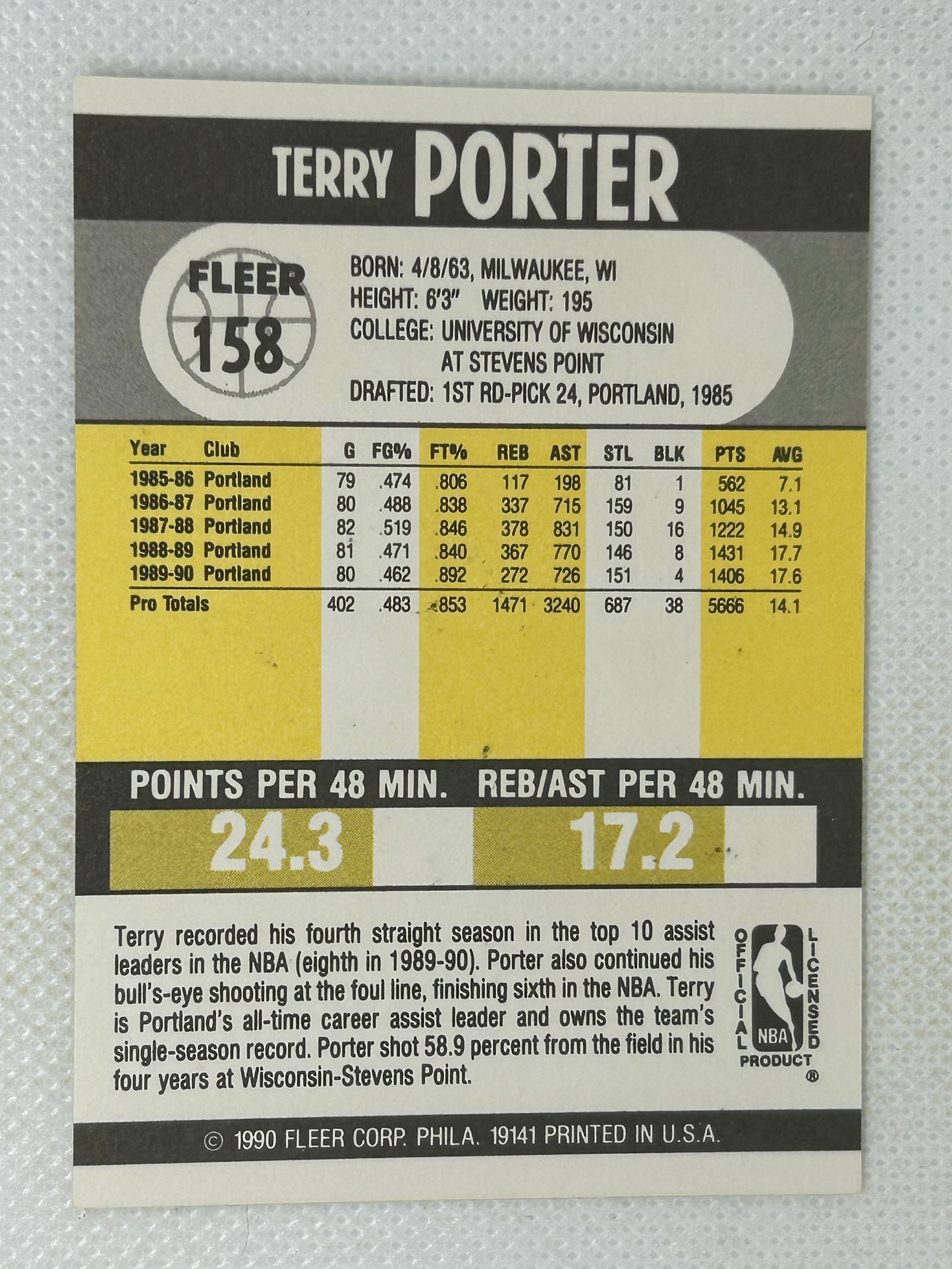 1990-91 Fleer Terry Porter #158 Portland Trail Blazers Signed Card