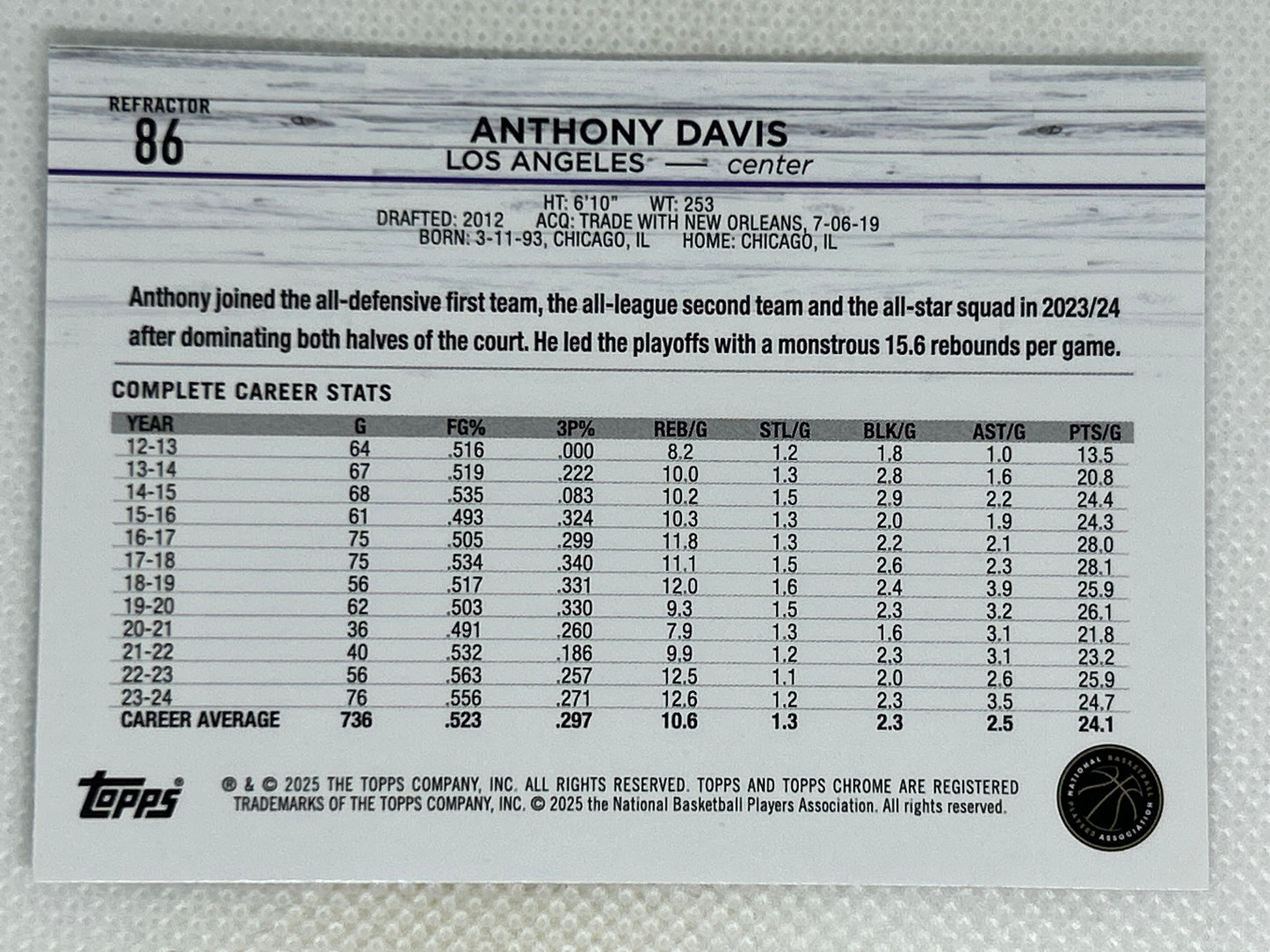 2024-25 Topps Chrome Refractor #86 Anthony Davis Los Angeles Lakers