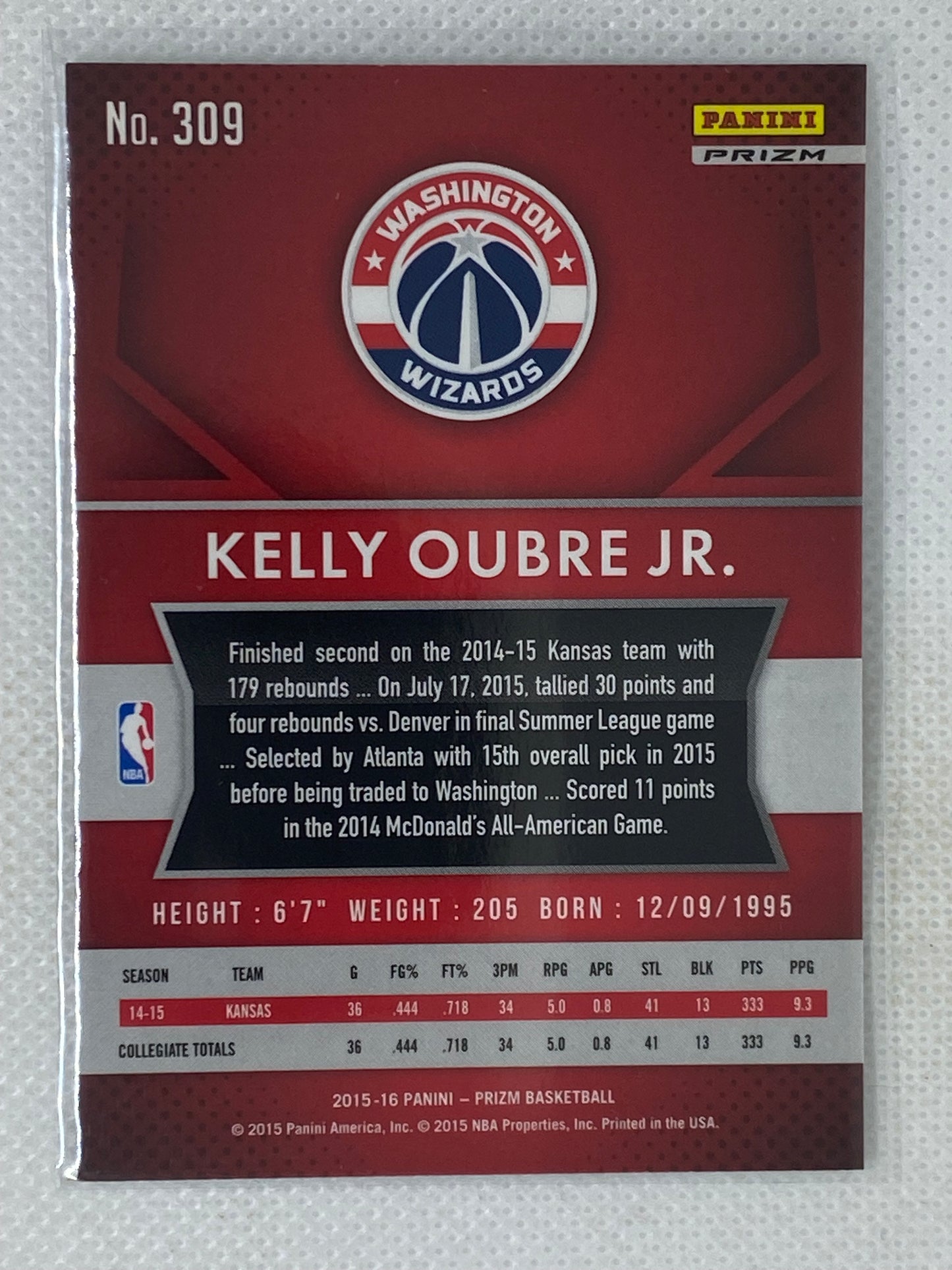 2015-16 Panini Prizm Rookies Flash Prizm Kelly Oubre Jr #309 Washington Wizards