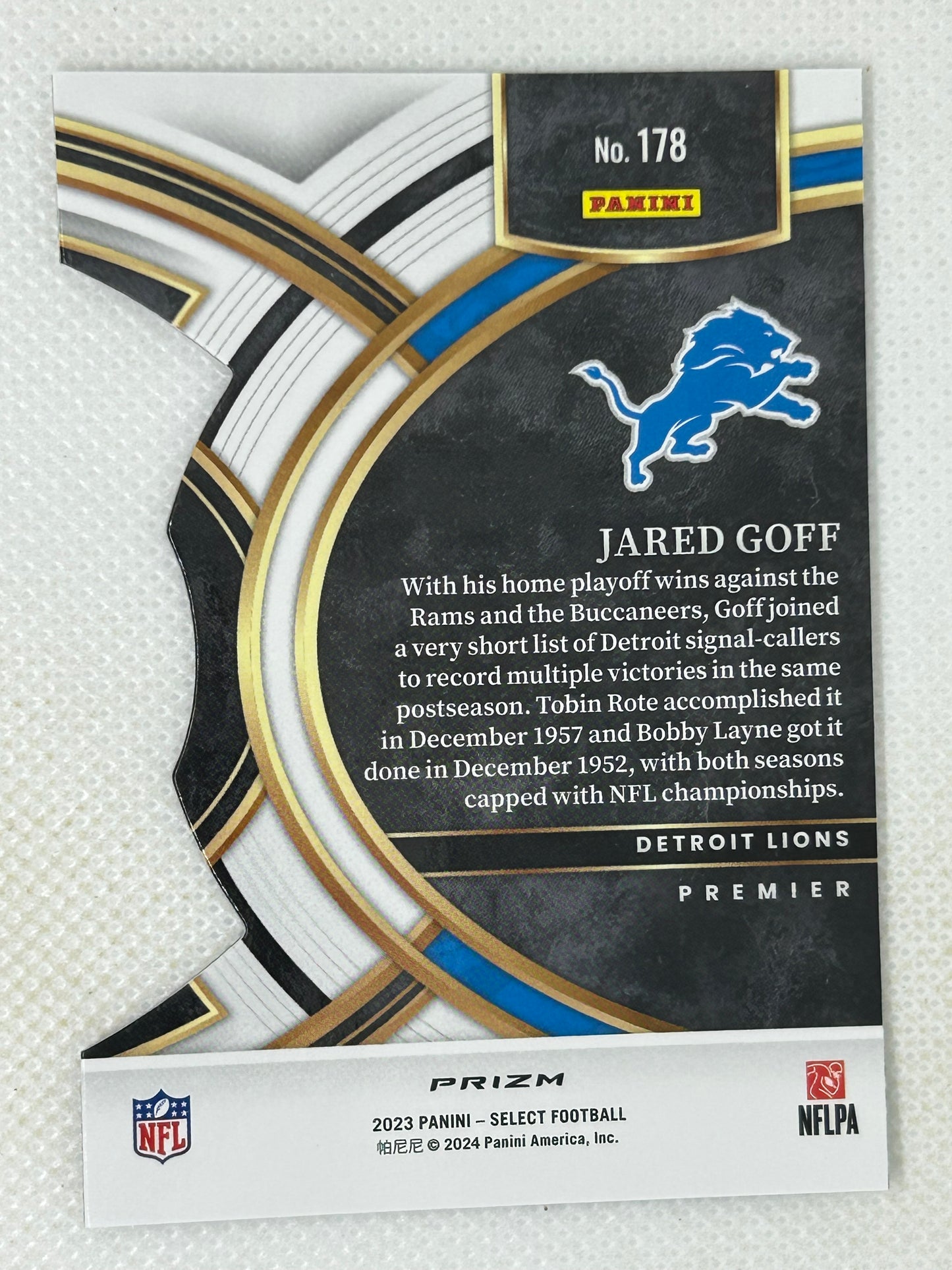 2023 Panini Select Jared Goff Premier Level Die-Cut Silver Prizm #178 Detroit Lions