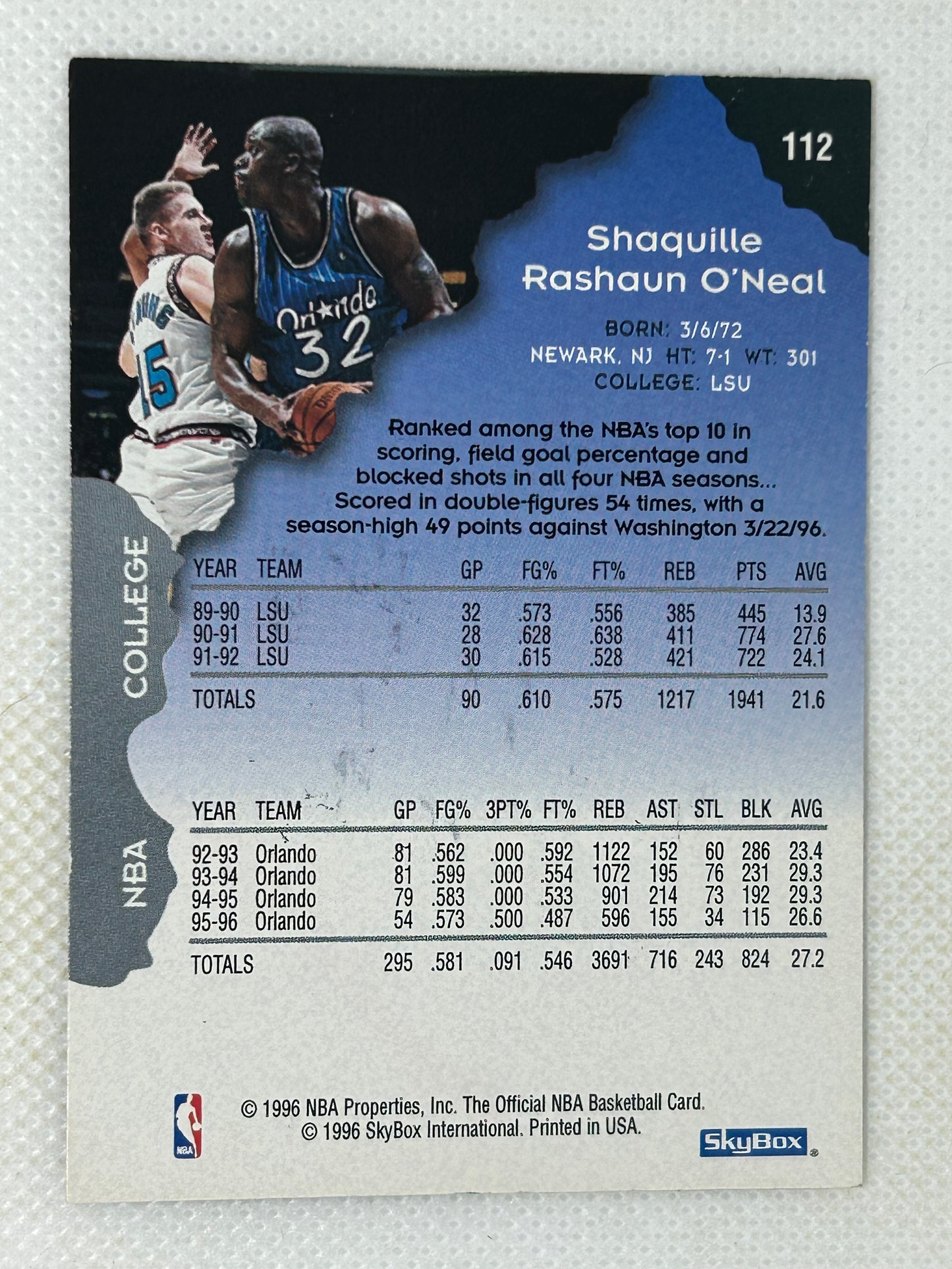 1996-97 Hoops #112 Shaquille O'Neal Orlando Magic Signed Card