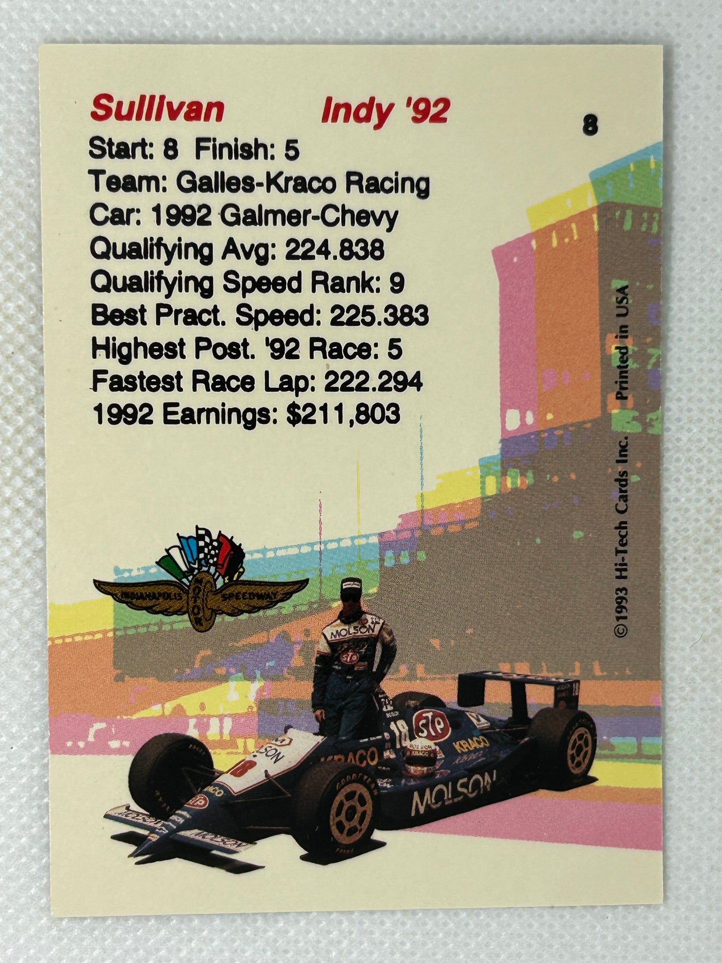 1992 Hi Tech Trading Card Indy Danny Sullivan 92’ Indy P1 #8 Signed Card