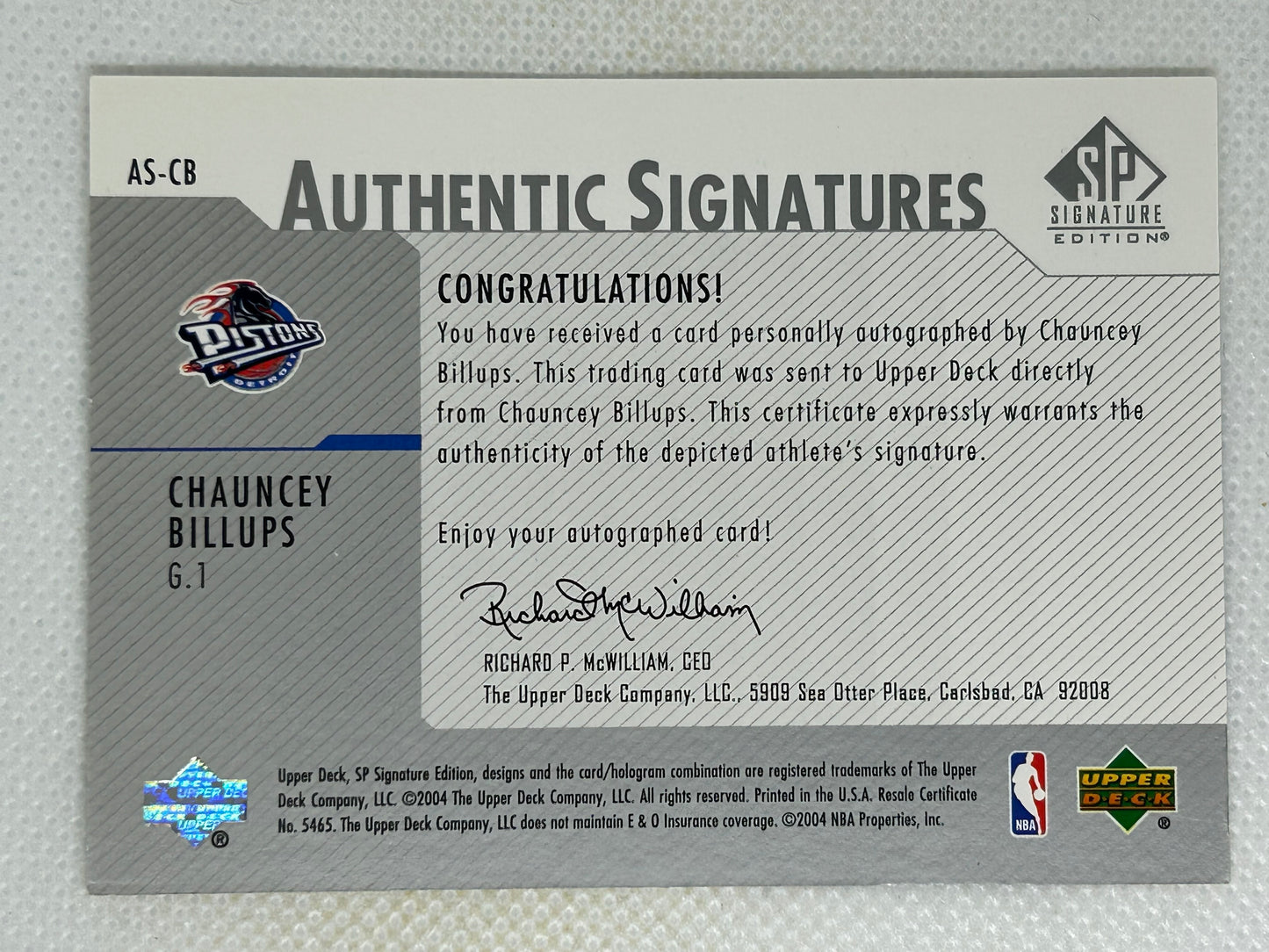 2003-04 Upper Deck SP Signature Edition Authentic Signatures Chauncey Billups #AS-CB Detroit Pistons