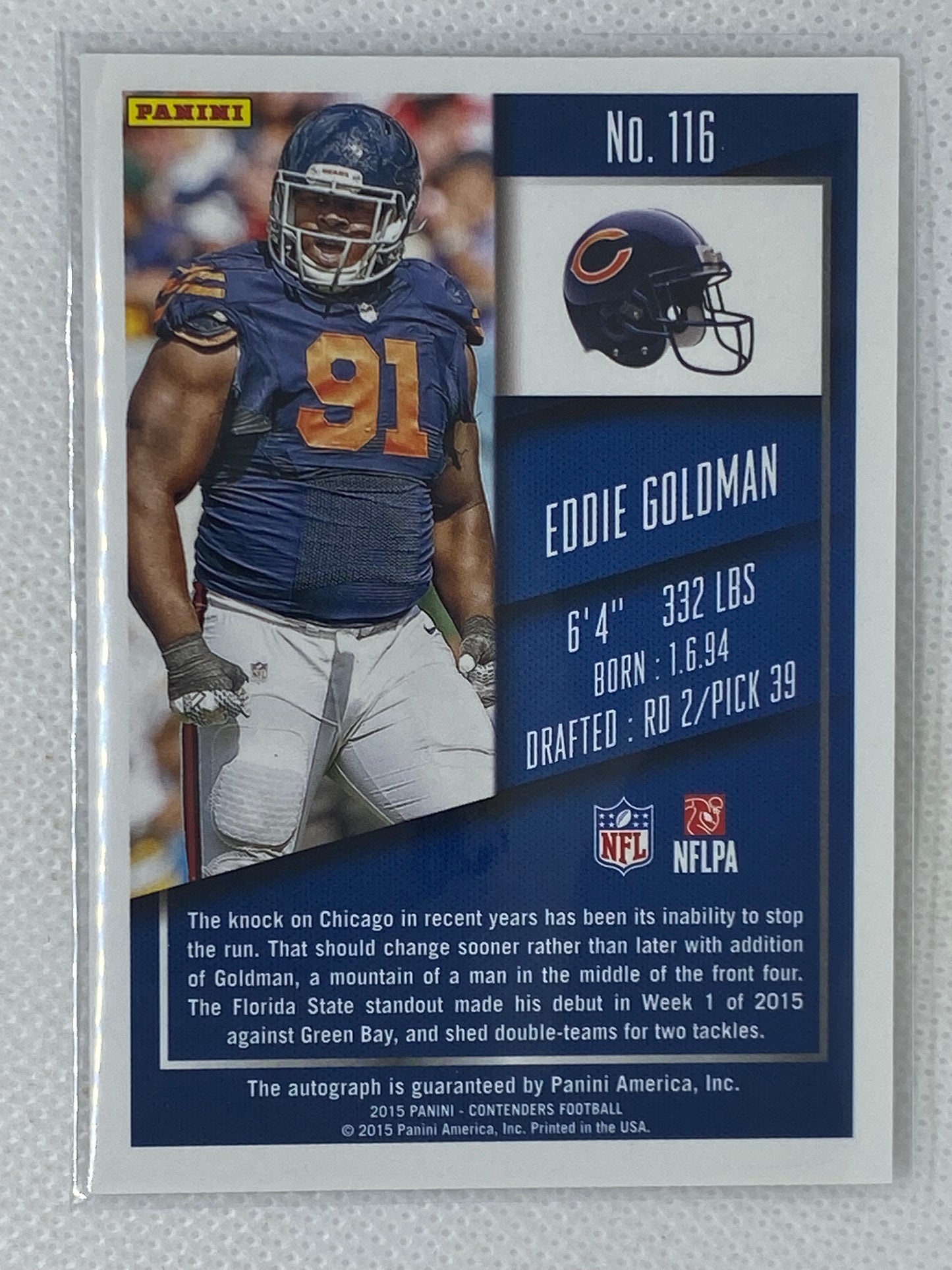 2015 Panini Contenders Rookie Ticket Silver Holo Eddie Goldman #116 Rookie Auto /99 Chicago Bears