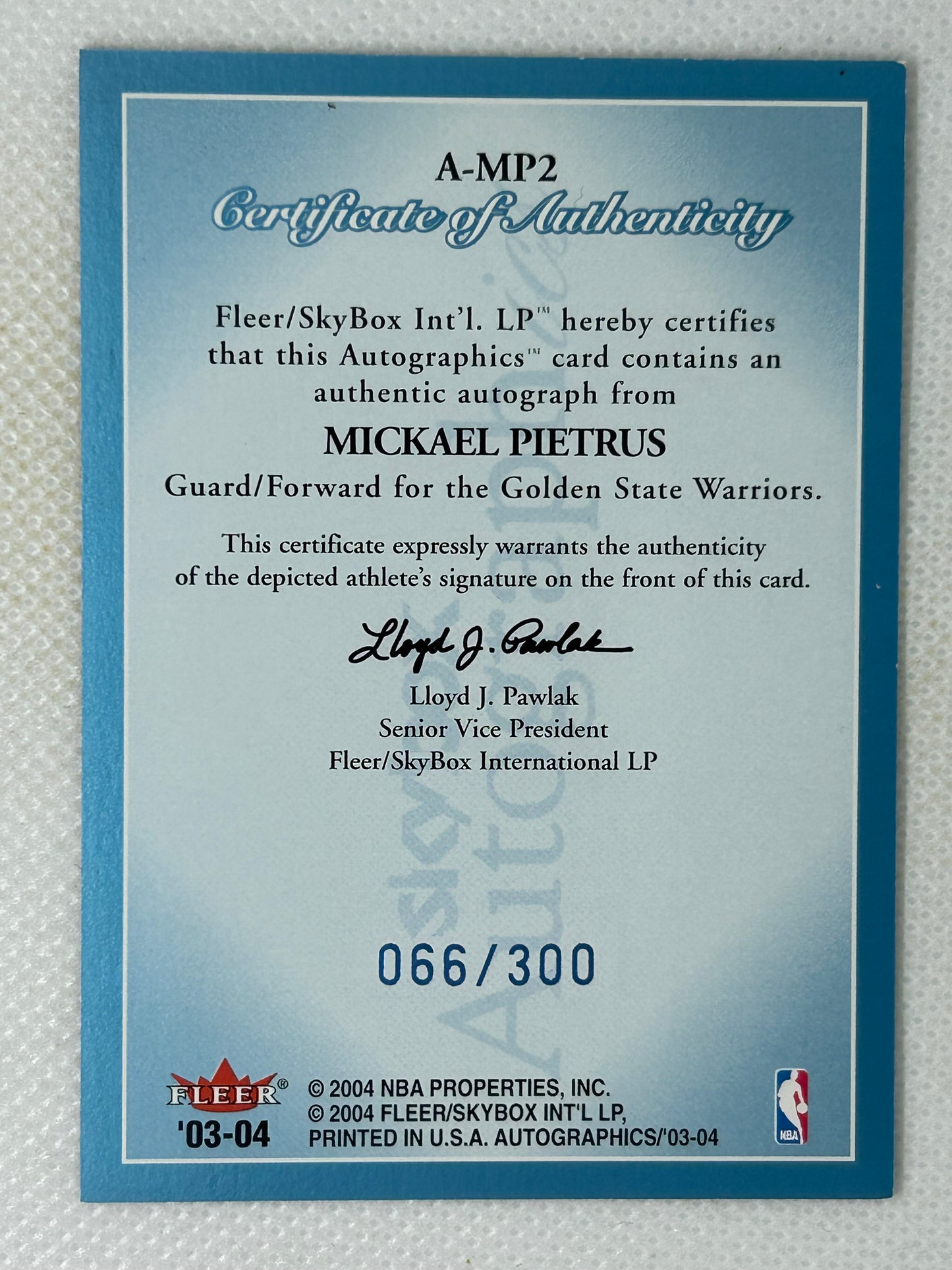 2003-04 Skybox Autographics Rookie Blue /300 Mickael Pietrus #A-MP2 Golden State Warriors