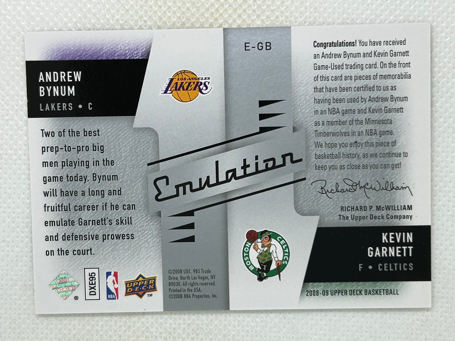 2008 Upper Deck Emulation Dual Memorabilia Kevin Garnett Andrew Bynum #E-GB HOF