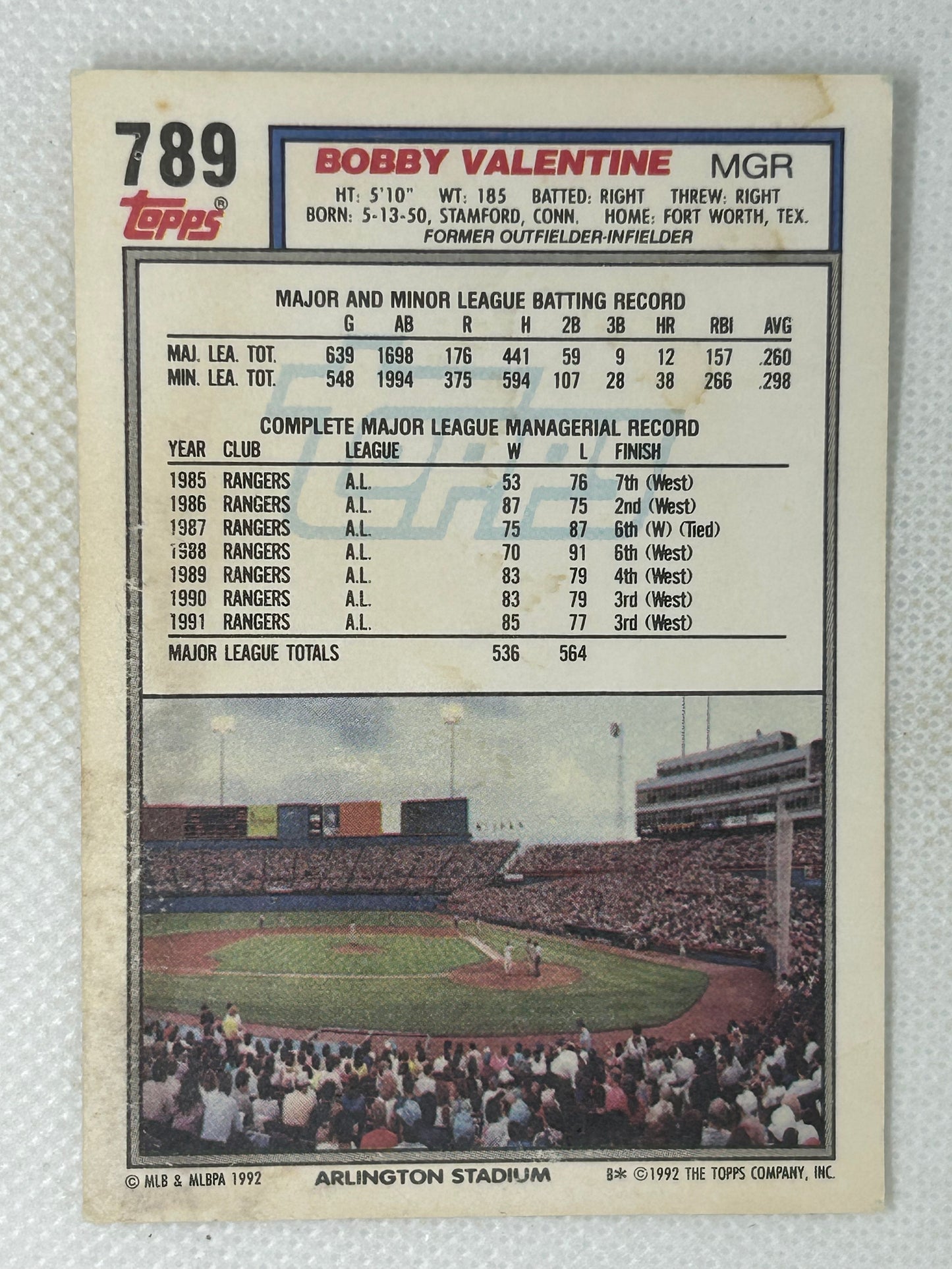 1992 Topps Bobby Valentine #789 Texas Rangers Signed Card (Damaged)