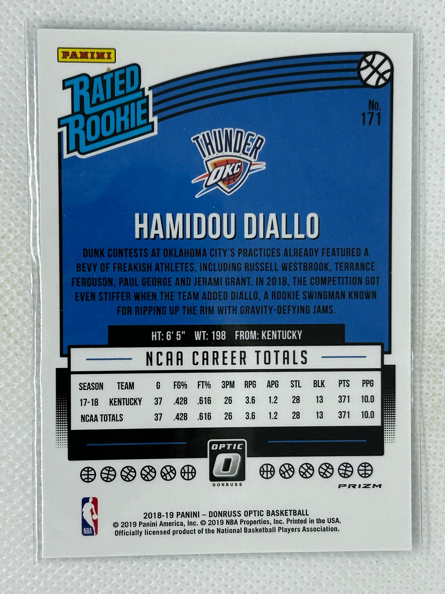 2018-19 Panini Optic Purple Prizm Rated Rookie Hamidou Diallo #171 Oklahoma City Thunder