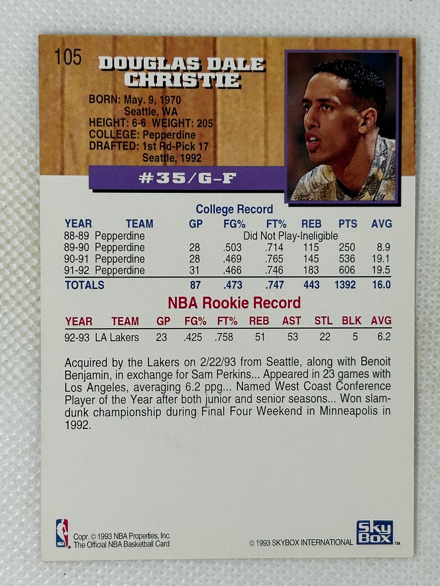 1993-94 NBA Hoops Basketball Doug Christie Card #105 Los Angeles Lakers Signed Card