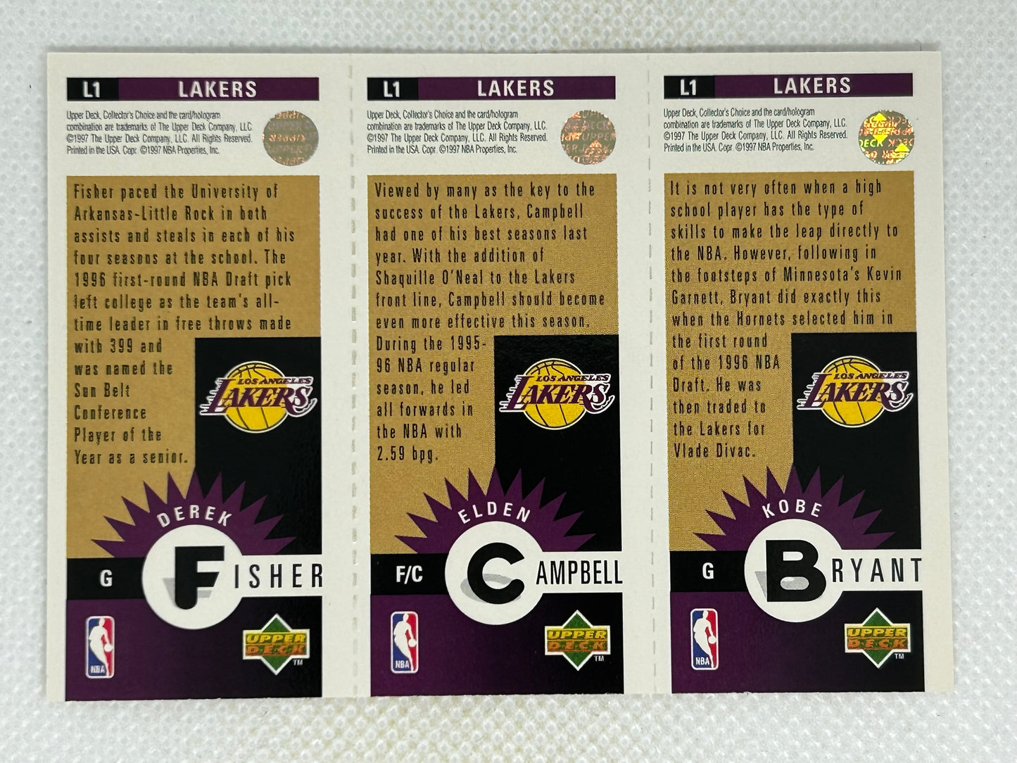 1996-97 Upper Deck Collector's Choice Gold #L1 Kobe Bryant Elden Campbell Derek Fisher Rookie Card Los Angeles Lakers