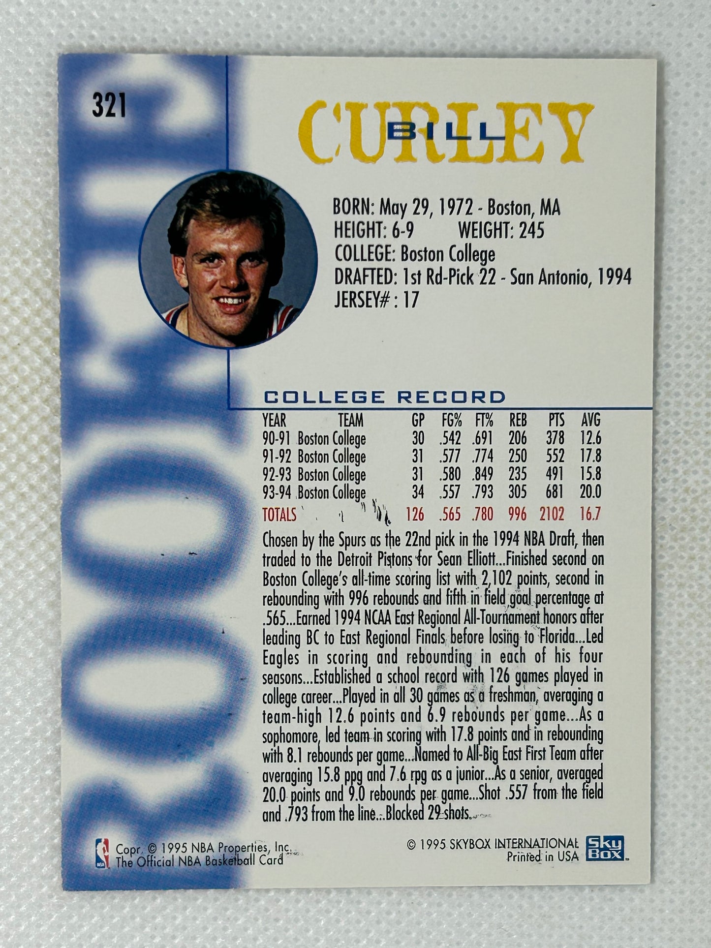 1994-95 Skybox Bill Curley #321 Rookie Card Detroit Pistons Signed Card