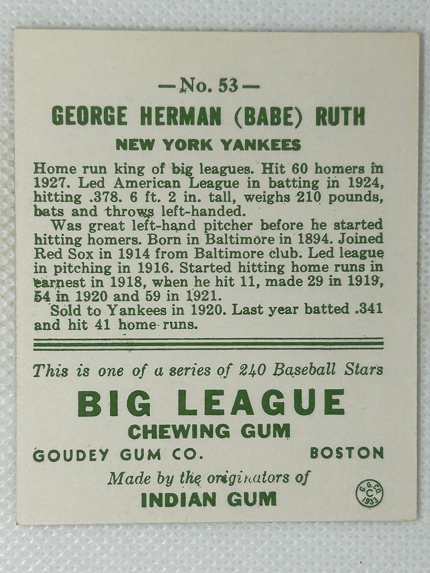 1933 Goudey #53 Babe Ruth Chewing Gum Card REPRODUCTION New York Yankees