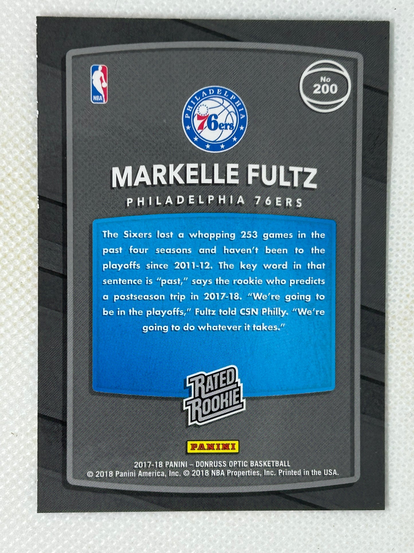2017-18 Panini Donruss Optic Rated Rookie Markelle Fultz #200 Philadelphia 76ers