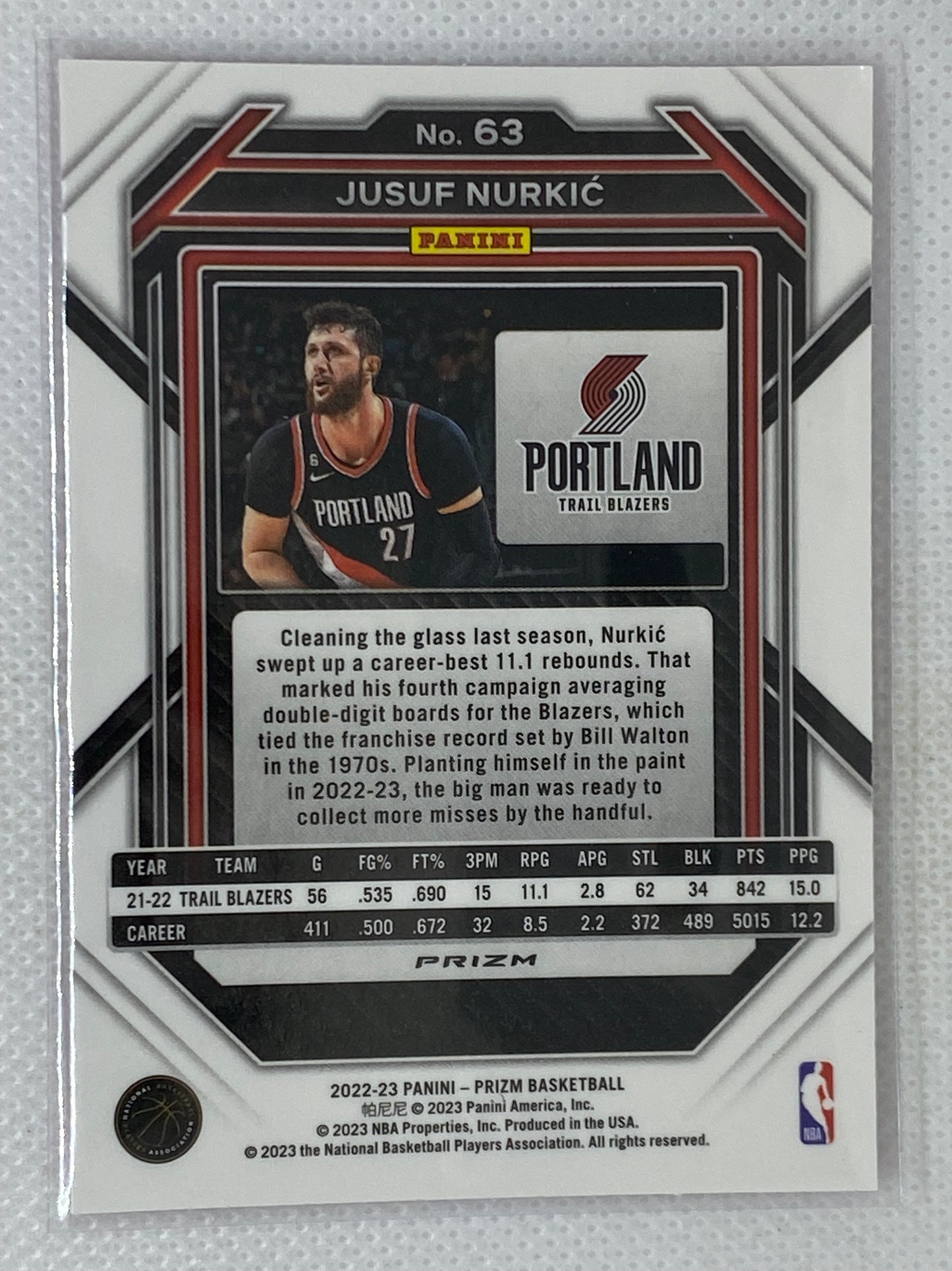 2022-23 Panini Prizm Pink Ice Jusuf Nurkic #63 Portland Trailblazers