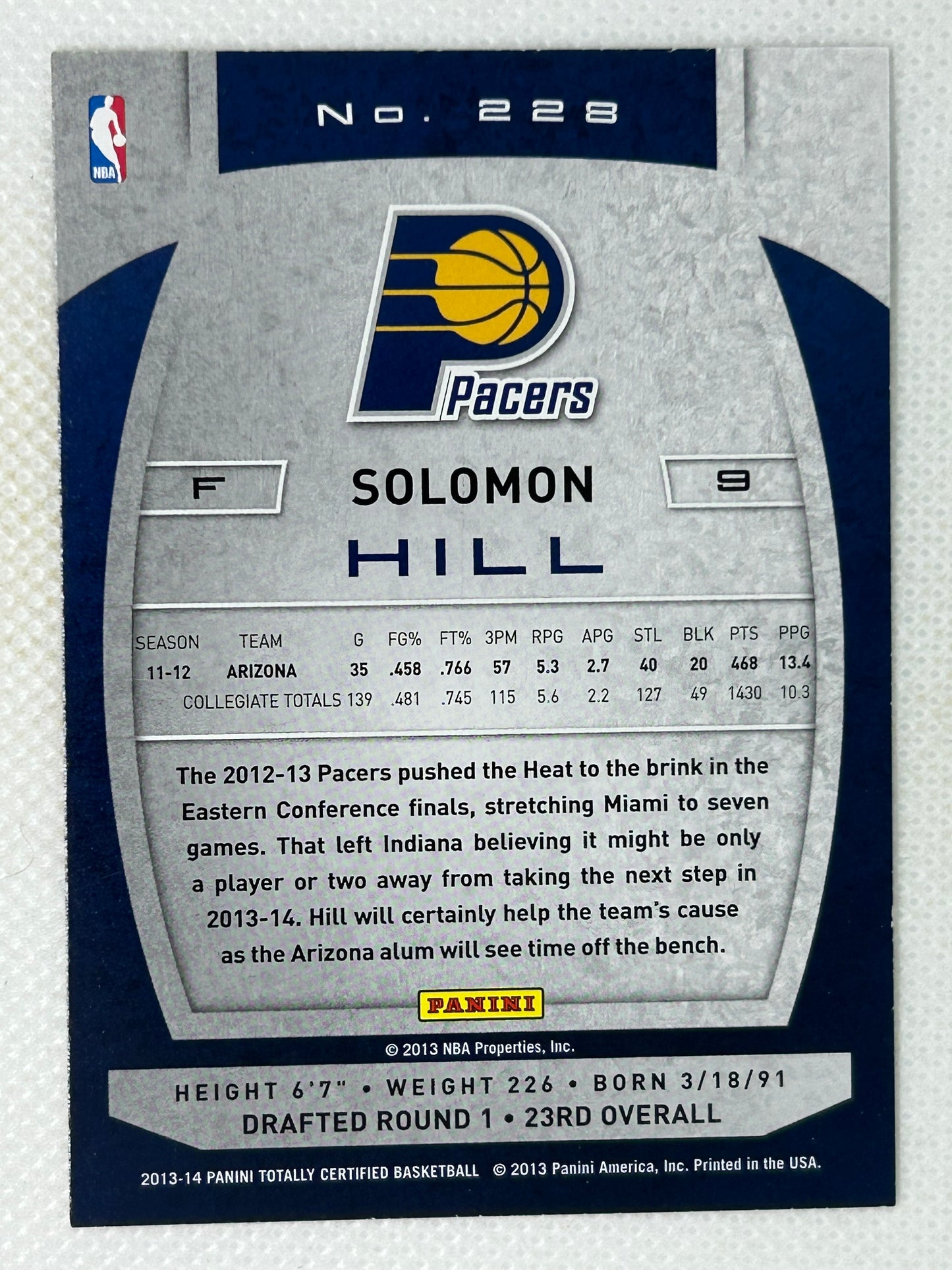 2013-14 Panini Totally Certified Rookie Card Solomon Hill #228 Indiana Pacers