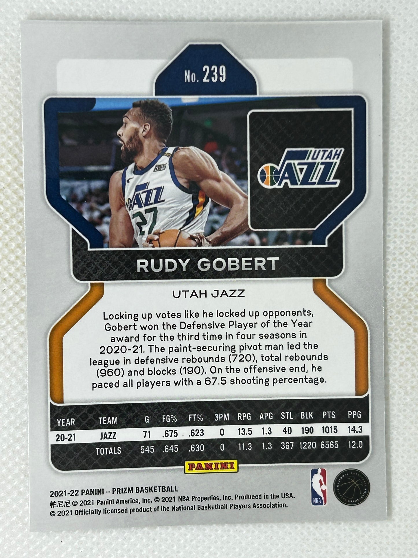 2021-22 Panini Prizm Rudy Gobert Utah Jazz #239 Signed Card