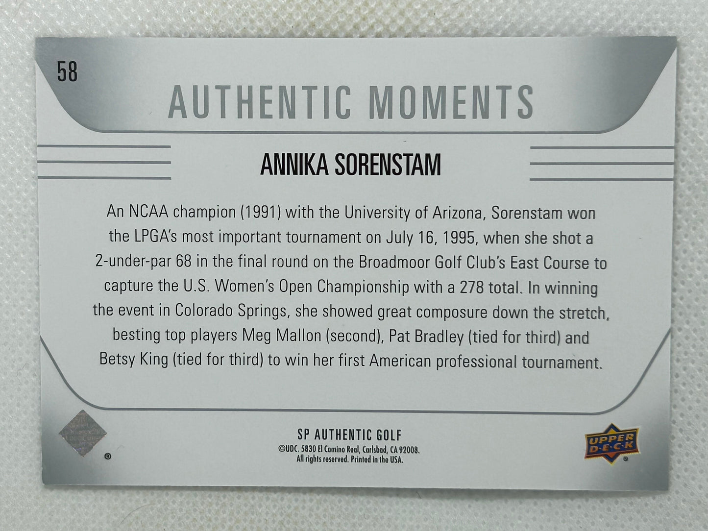 2021 Upper Deck SP Authentic Golf Authentic Moments Annika Sorenstam #58 Signed Card