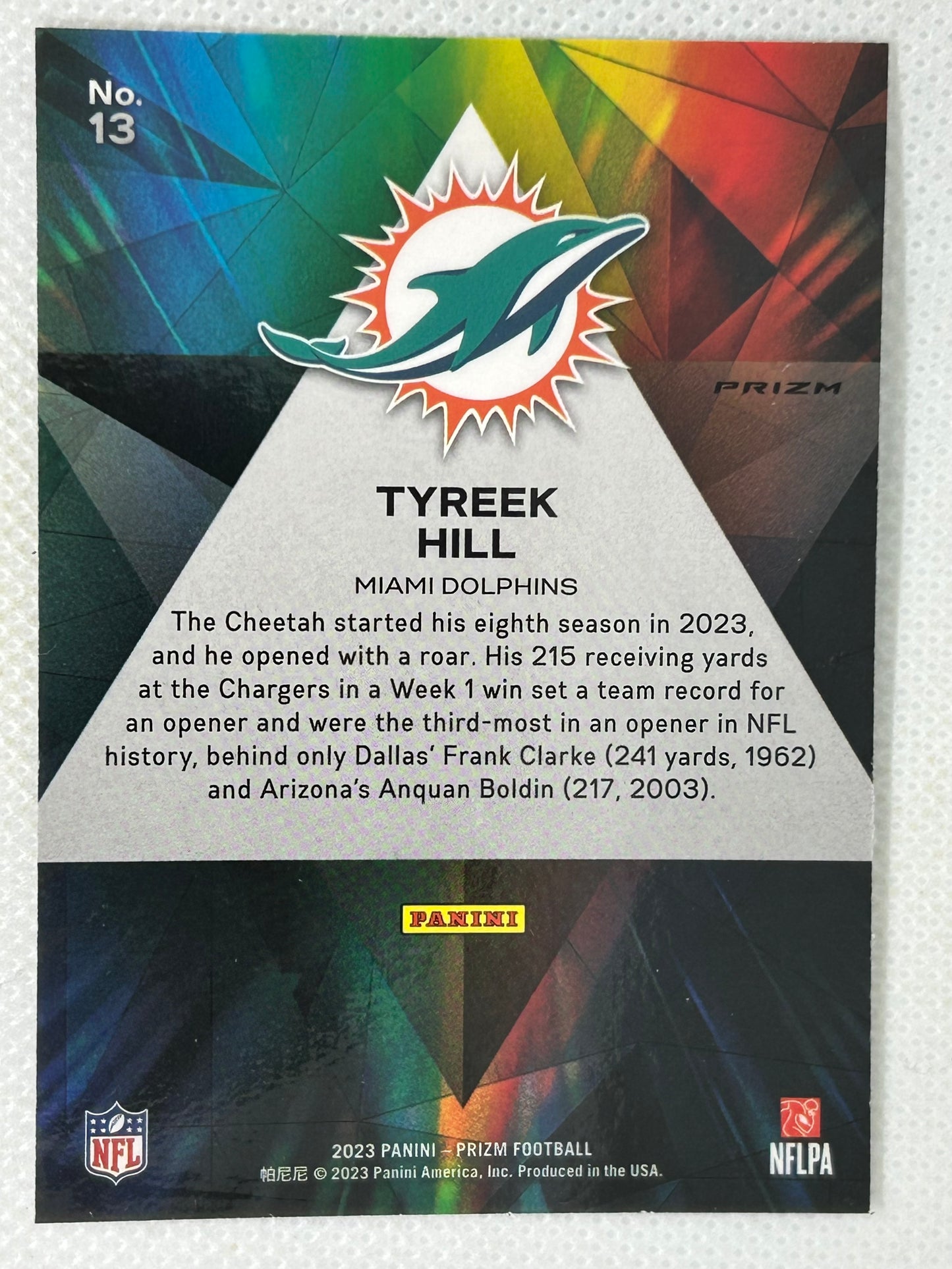 2023 Panini Prizm Silver Holo Prizmatic Tyreek Hill #13 Miami Dolphins Signed Card