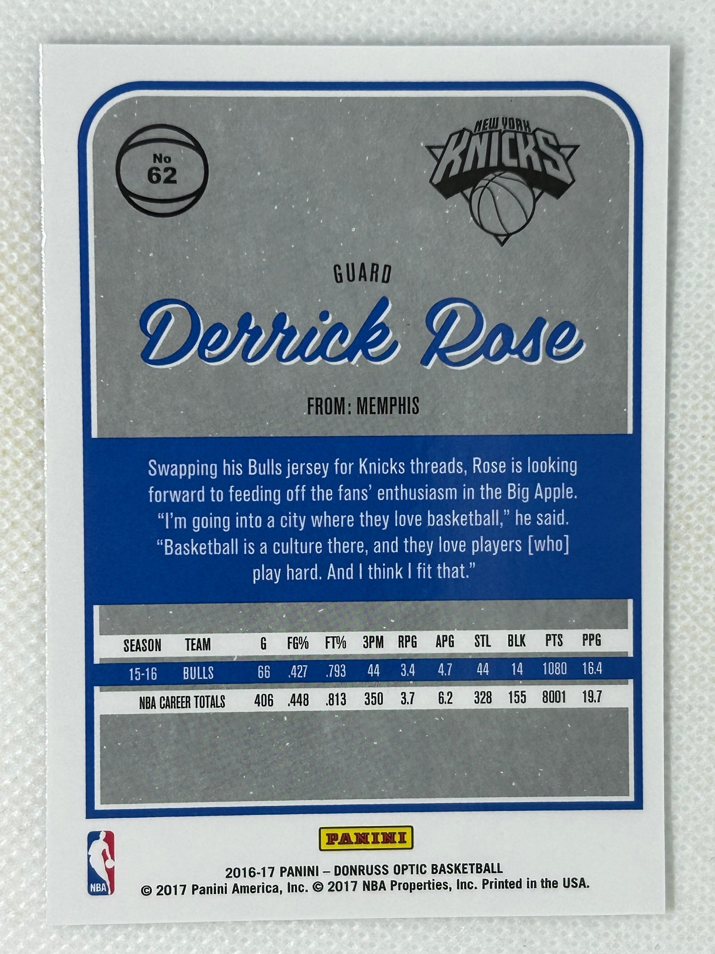 2016-17 Panini Optic #62 Derrick Rose New York Knicks