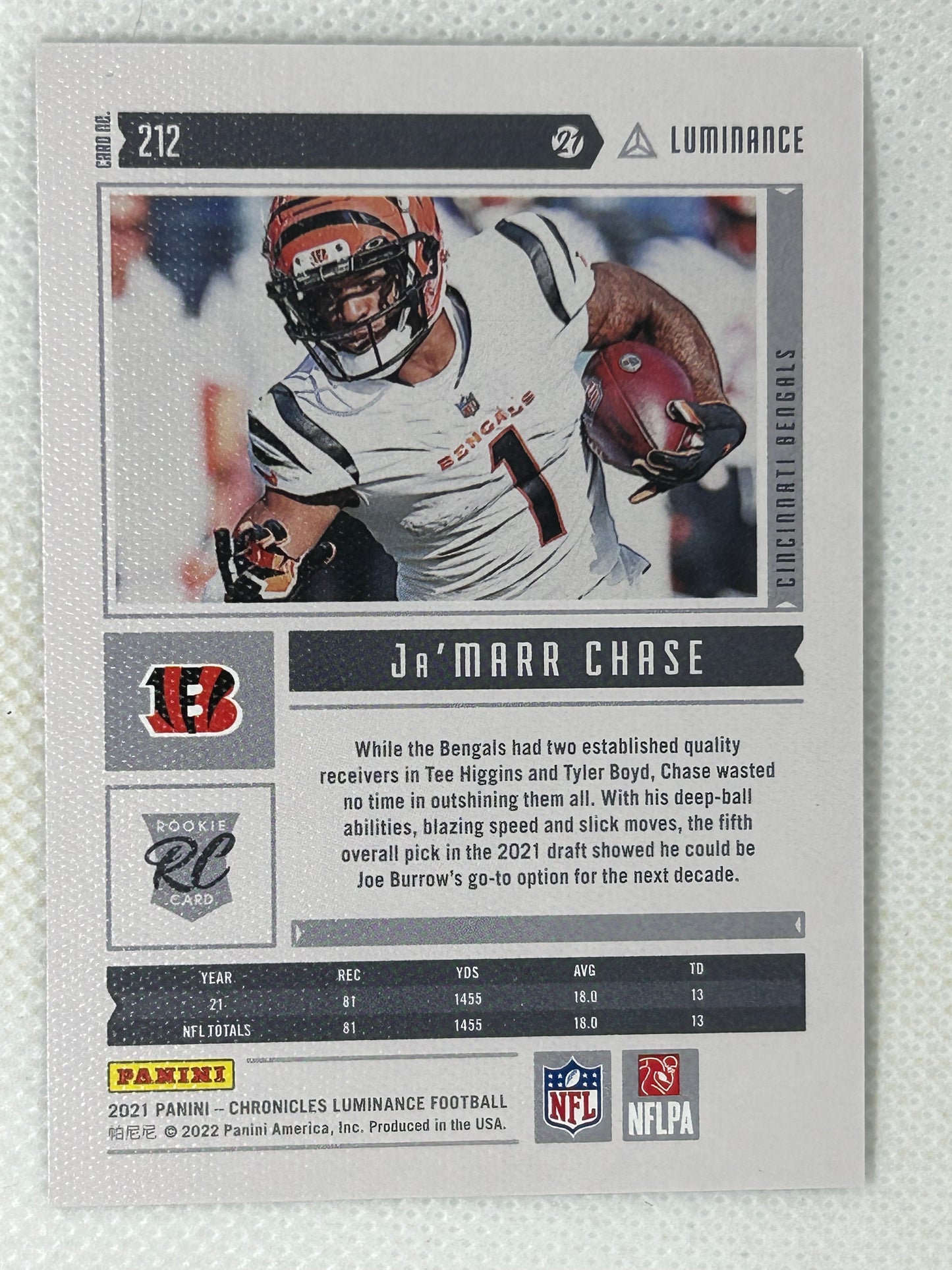 2021 Panini Chronicles Luminance Bonze Rookie #212 Ja'Marr Chase Cincinnati Bengals