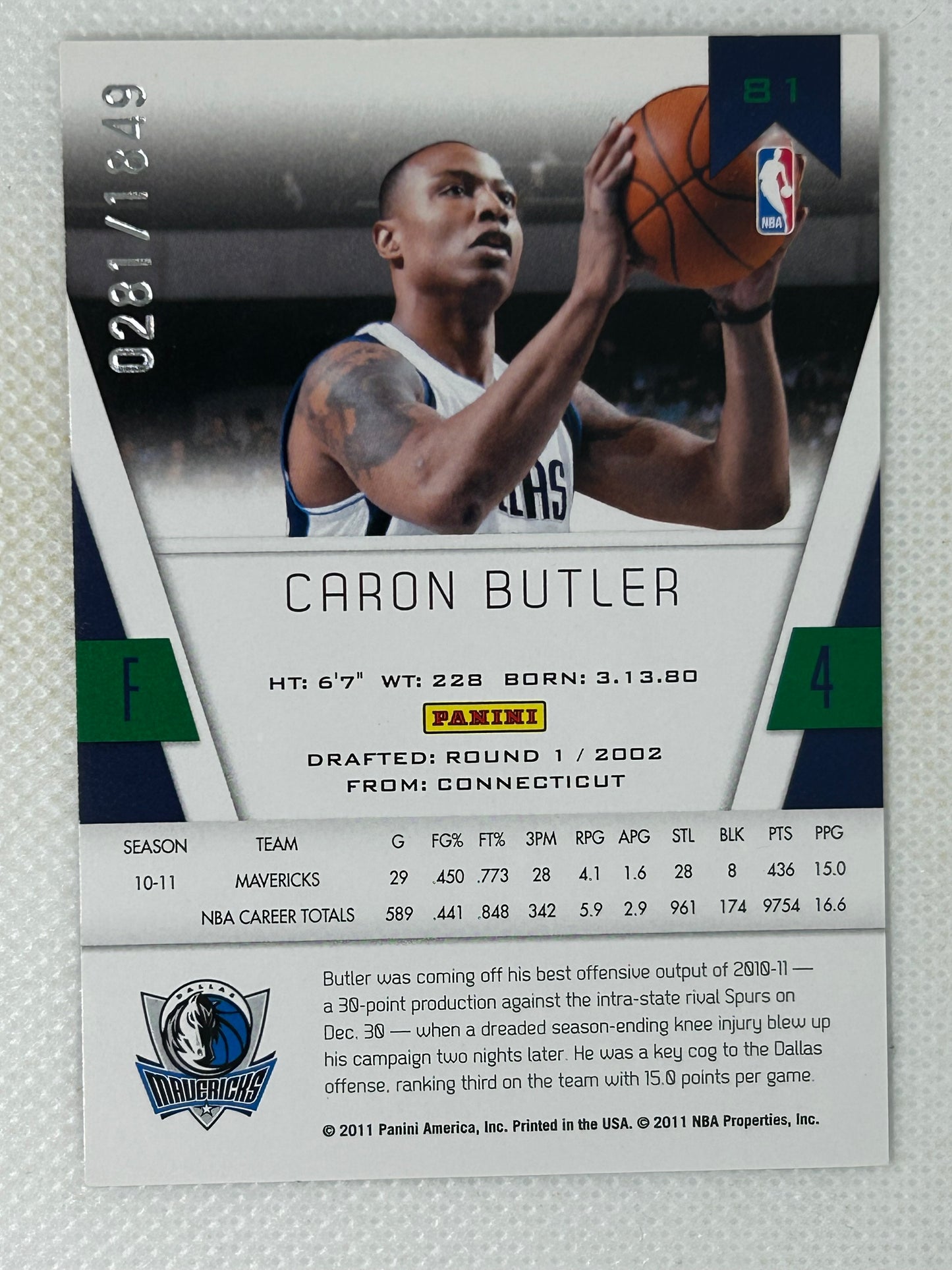 2010-11 Panini Totally Certified /1849 Caron Butler #81 Dallas Mavericks
