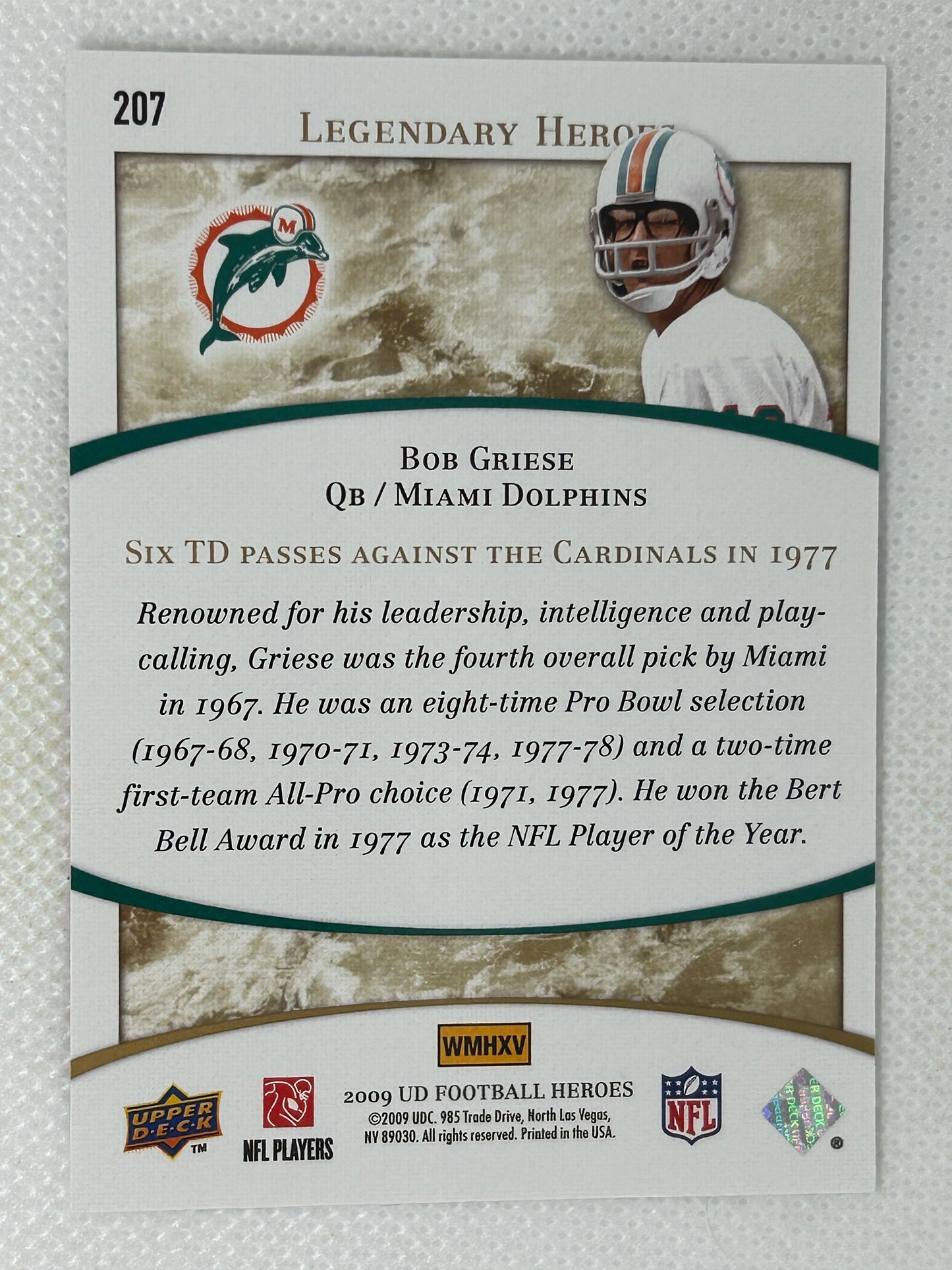 2009 Upper Deck Heroes #206 Bob Griese Miami Dolphins Signed Card