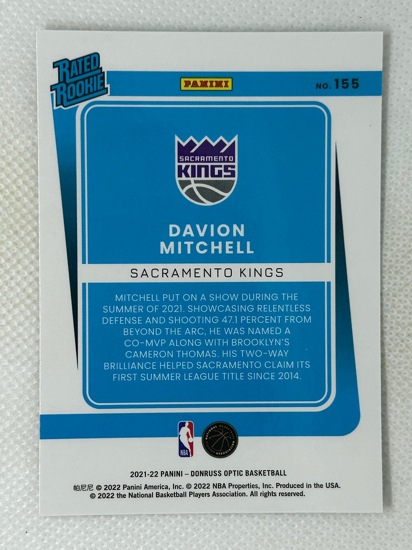 2021-22 Panini Optic Davion Mitchell Base Rated Rookie #155 Sacramento Kings