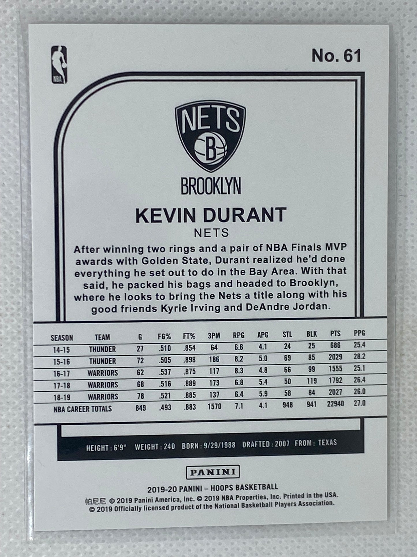 2019-20 Panini Hoops Winter Kevin Durant #61 Brooklyn Nets