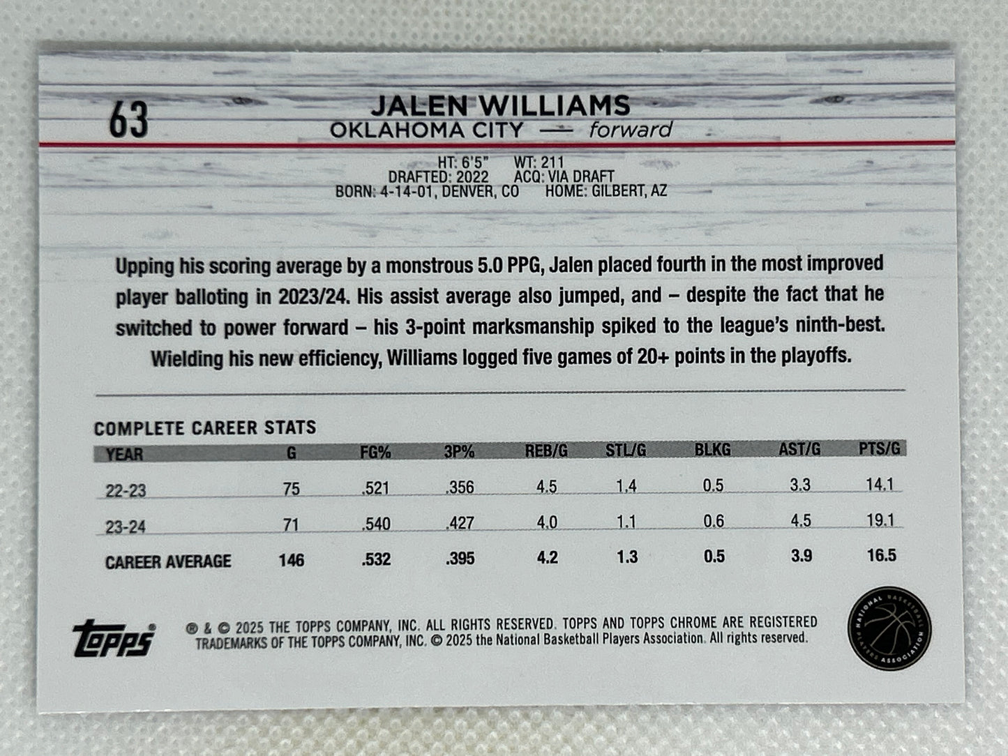 2024-25 Topps Chrome Purple Refractor Jalen Williams #63 Oklahoma City Thunder