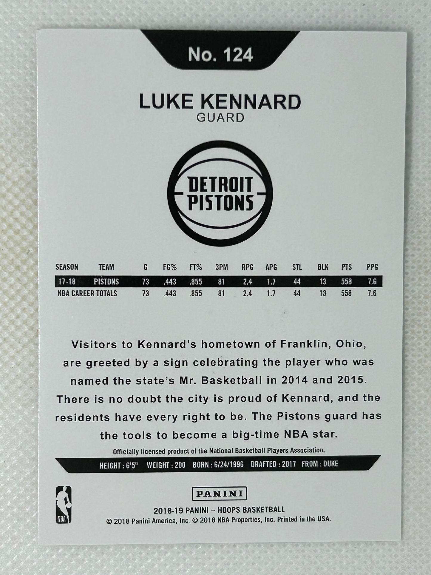 2018-19 Panini Hoops Winter #124 Luke Kennard Detroit Pistons Signed Card