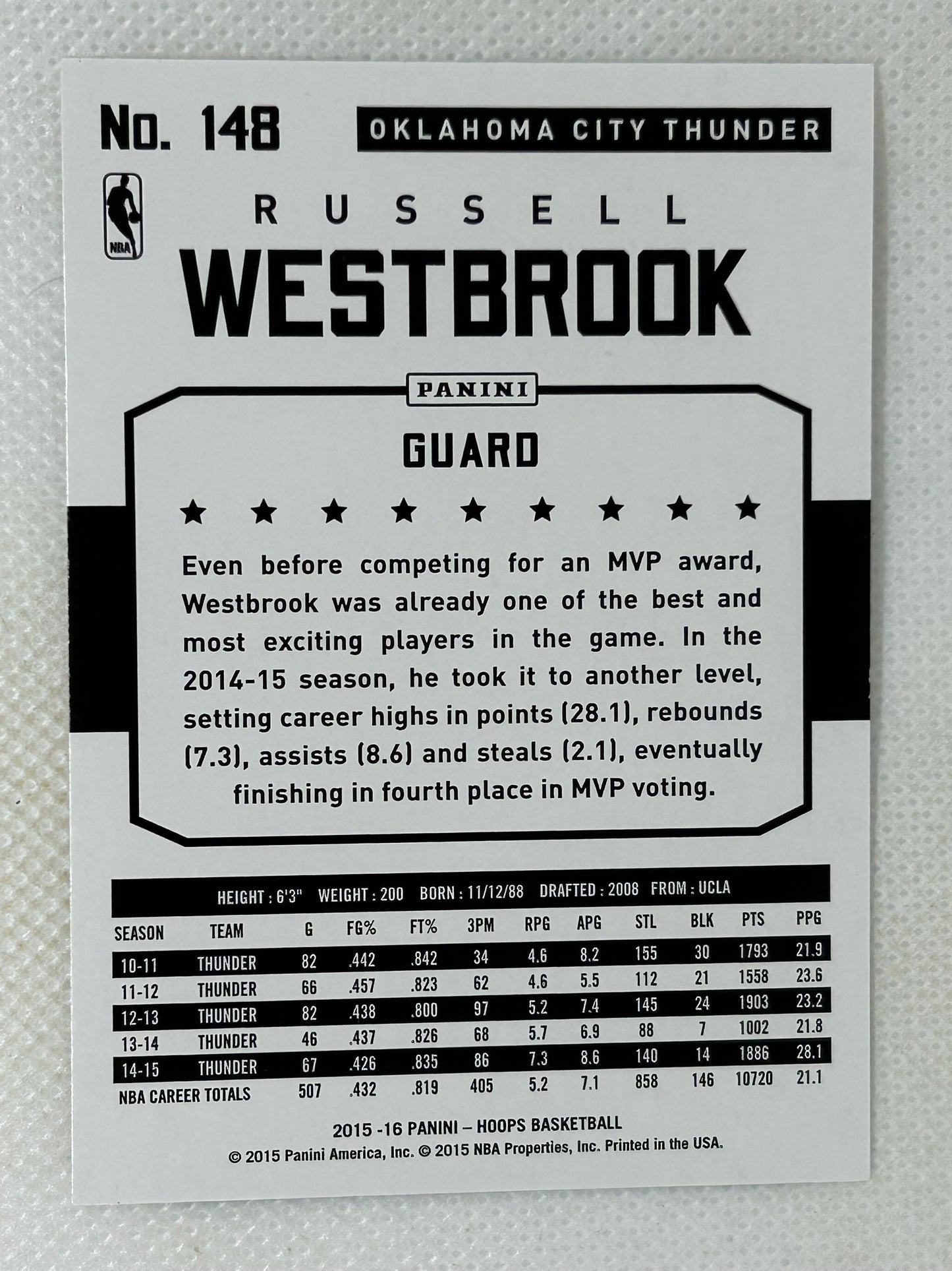 2015-16 Panini NBA Hoops Russell Westbrook #148 Oklahoma City Thunder