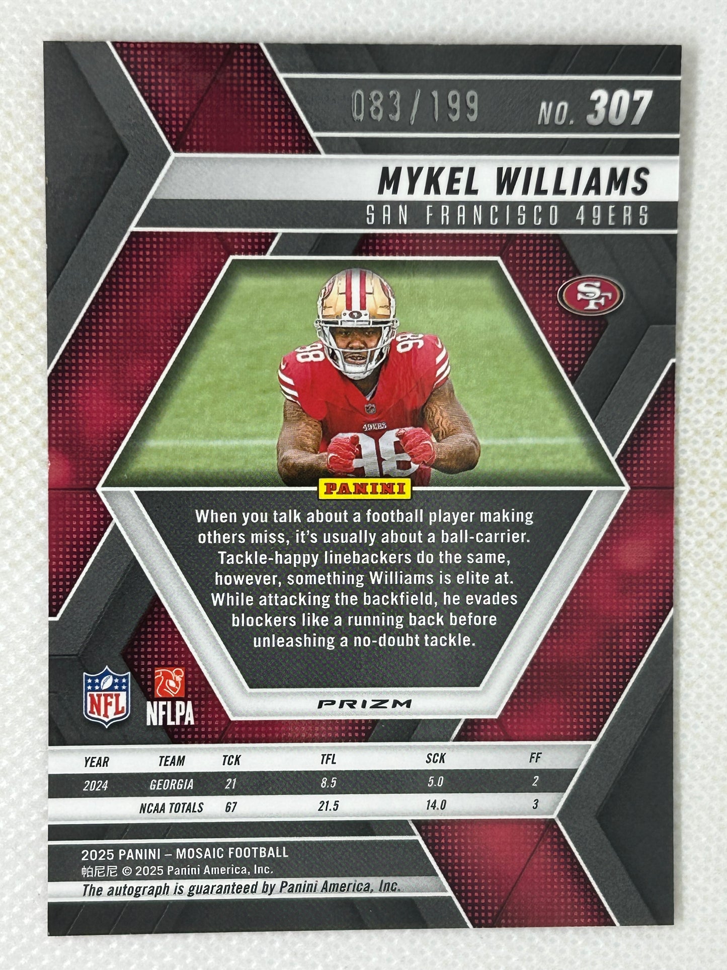 2025 Panini Mosaic Red Mosaic Rookie Autograph /199 Mykel Williams #51 San Francisco 49ers