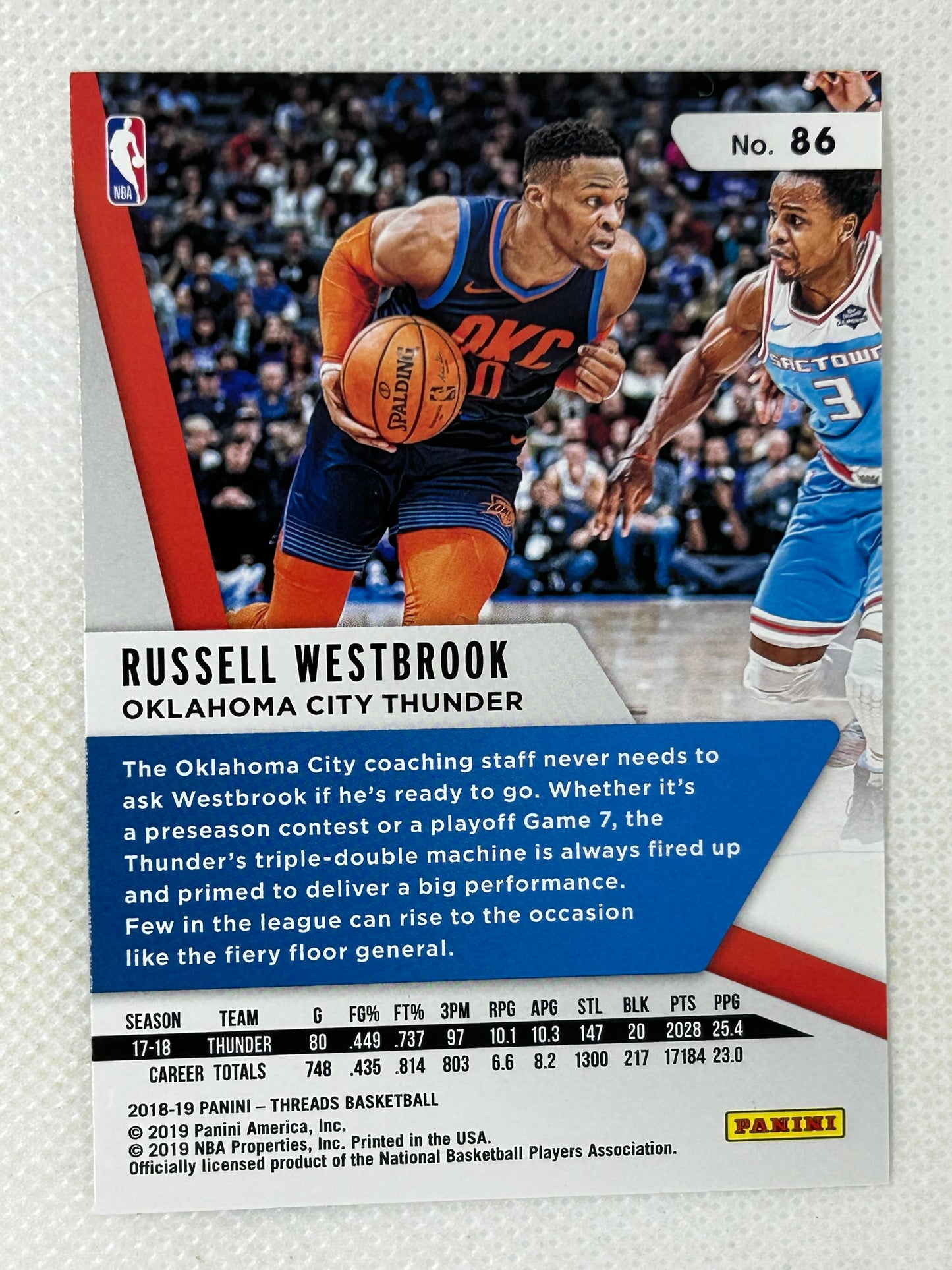 2018-19 Panini Threads #86 Russell Westbrook Oklahoma City Thunder