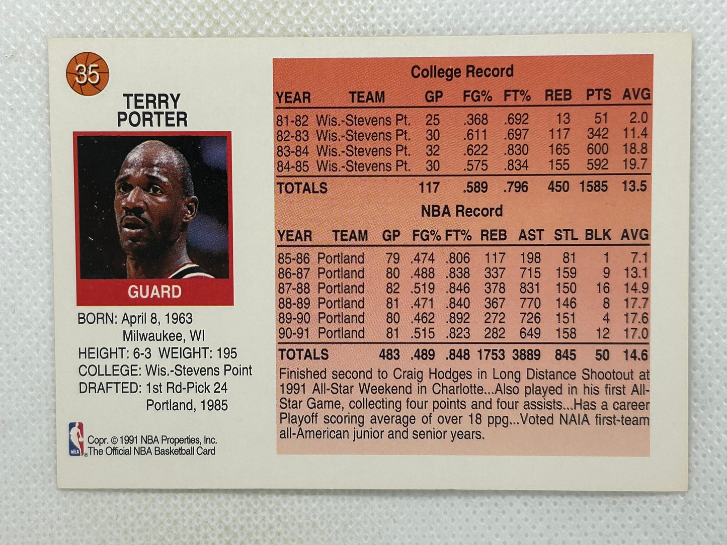 1991-92 NBA Hoops Terry Porter #35 Portland Trail Blazers Signed Card