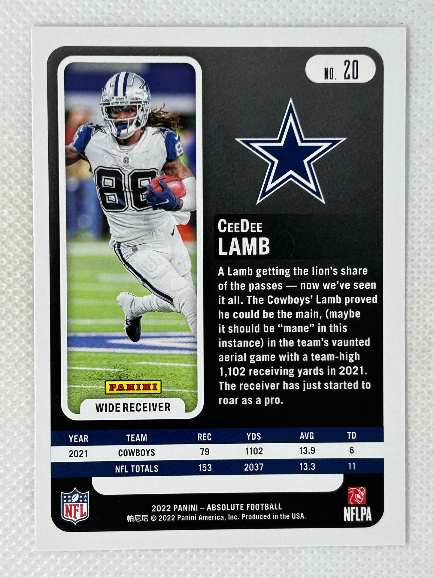 2022 Panini Absolute Football #20 CeeDee Lamb Dallas Cowboys Signed Card