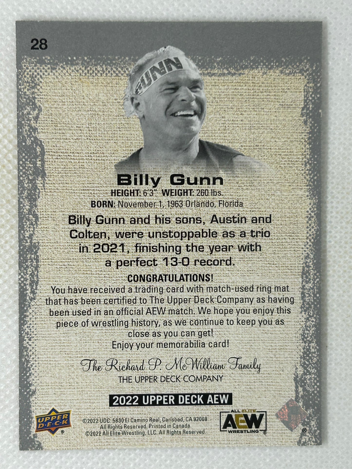 2022 Upper Deck AEW Billy Gunn Gold Mat Relic #28
