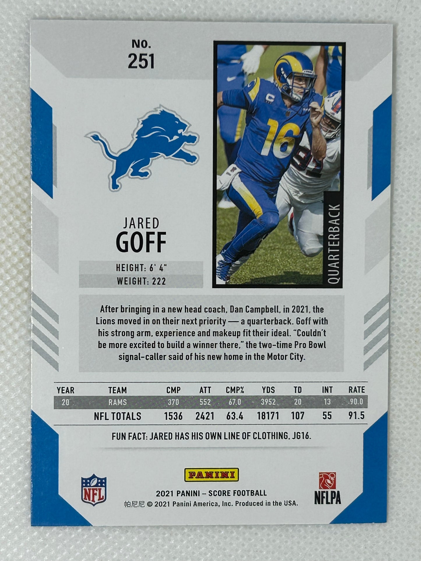 2021 Panini Score #251 Jared Goff Detroit Lions