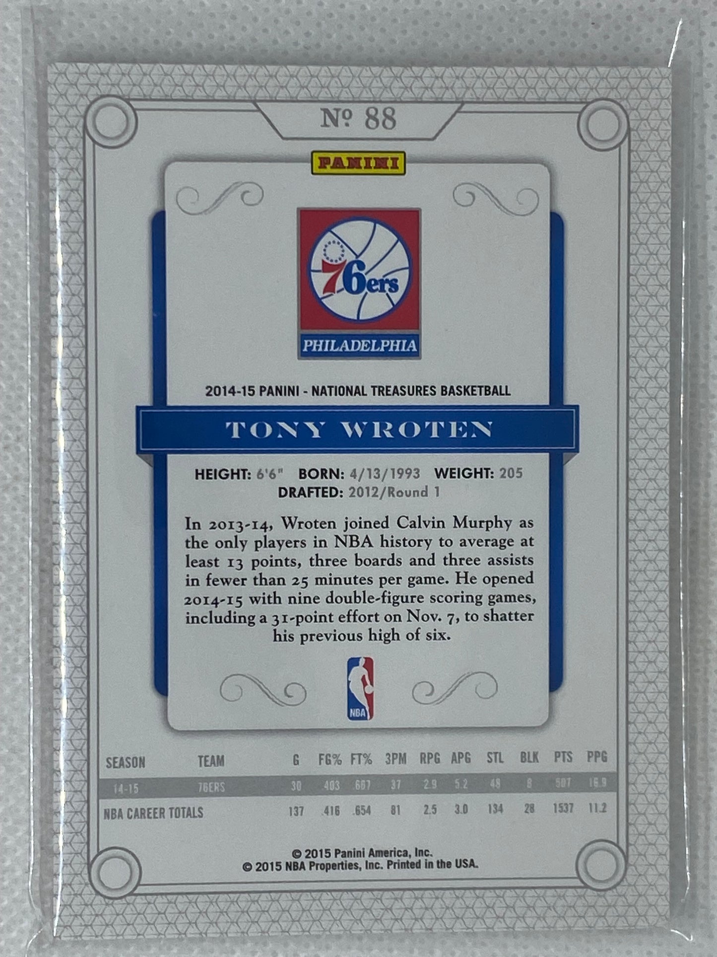 2014-15 Panini National Treasures Yellow Printing Plate Tony Wroten #88 With Base Included