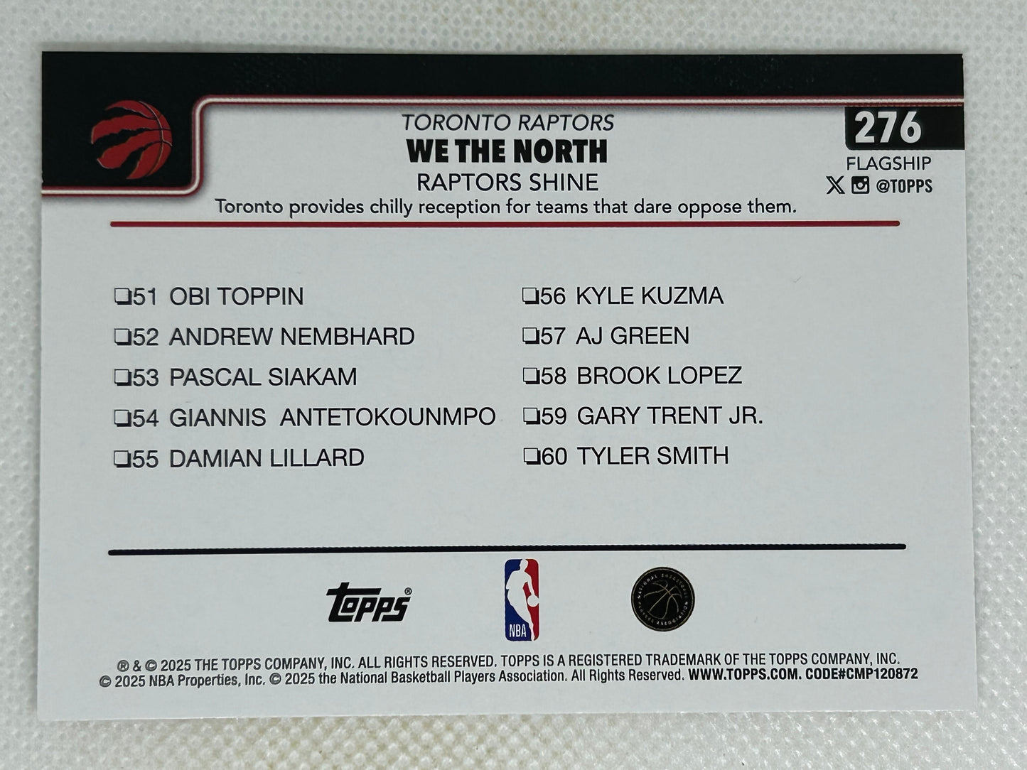 2025-26 Topps Basketball Raptors Shine #276 Toronto Raptors